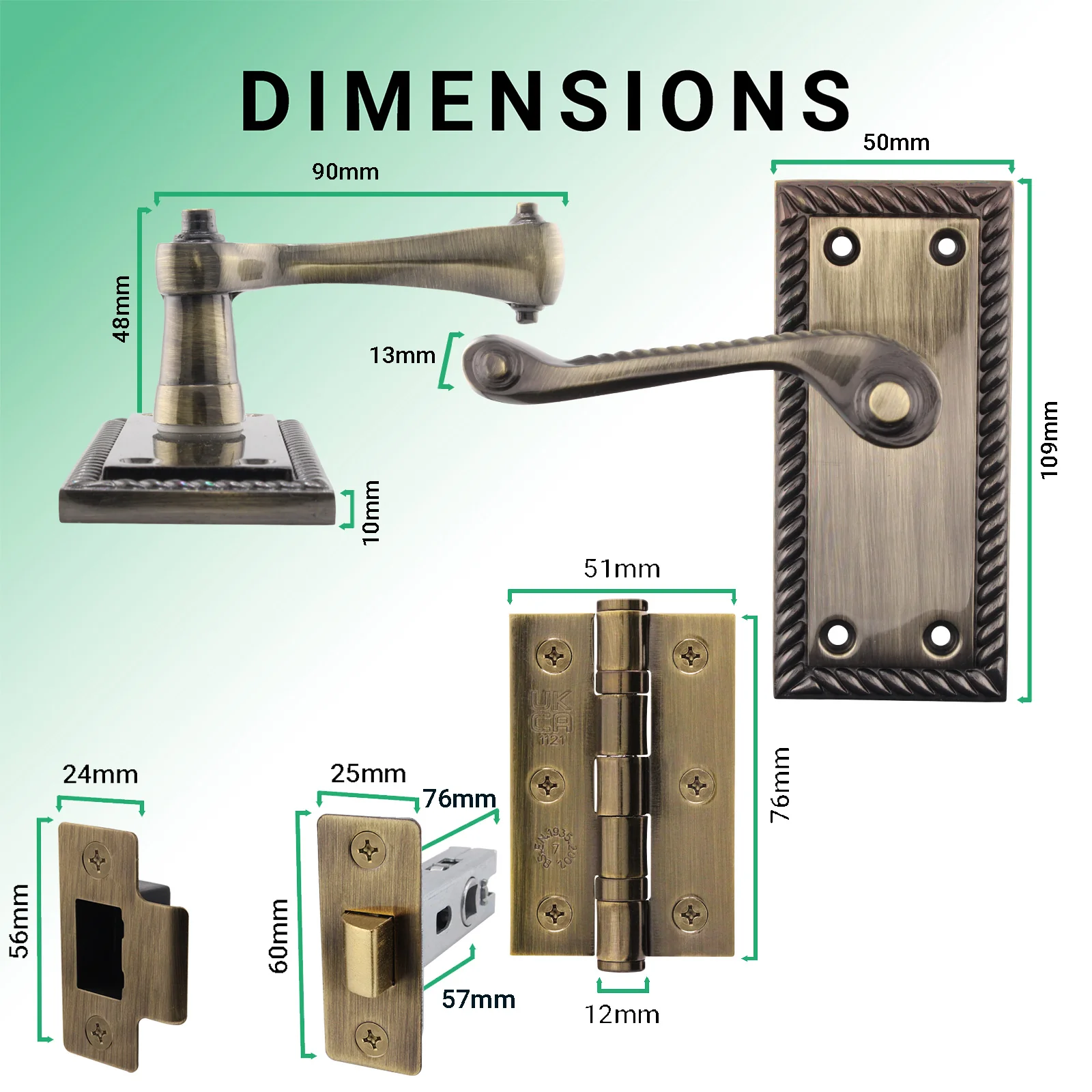 Georgian Rope Edge Scroll Antique Brass Door Handle Pack - 76mm Latch - Image 3