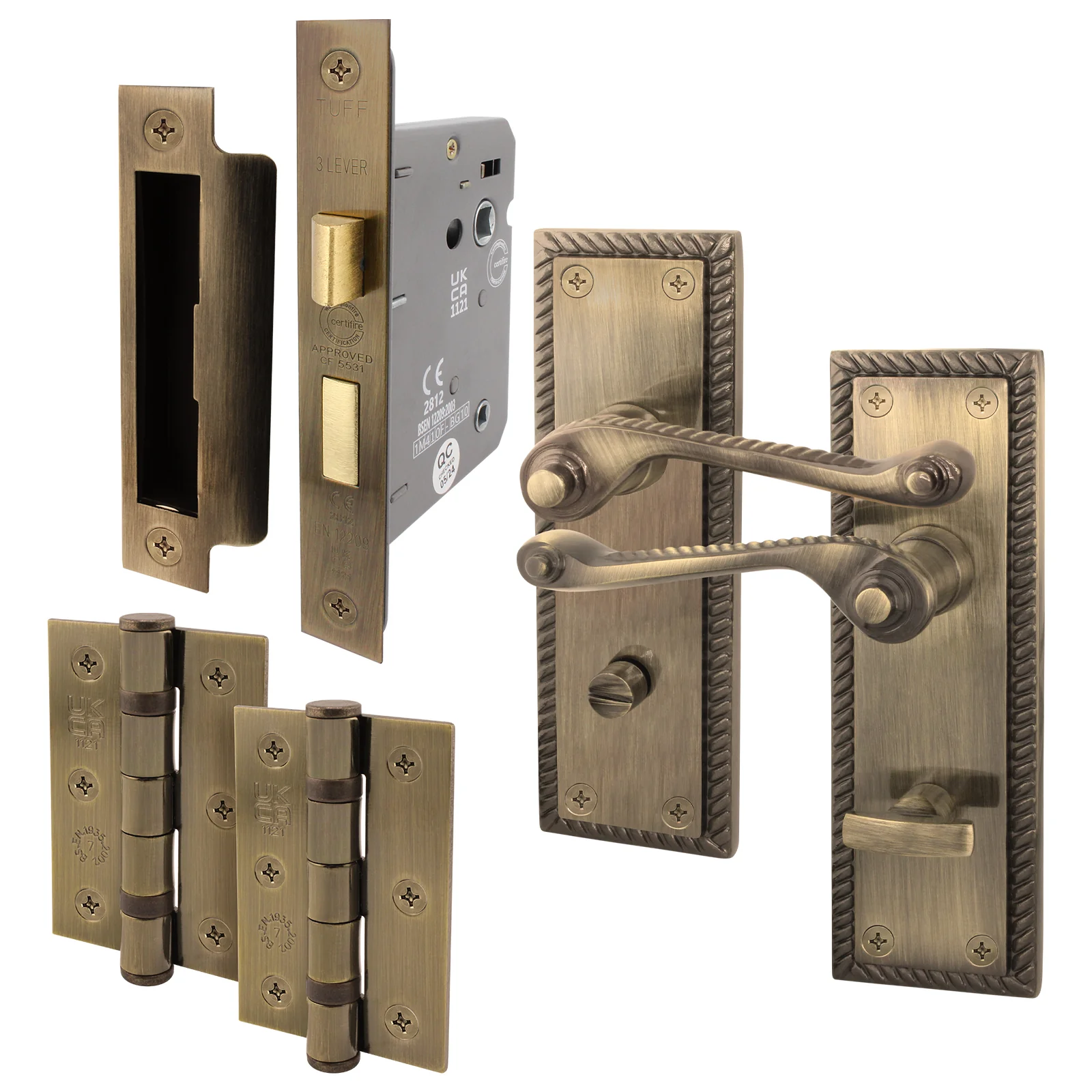 Georgian Rope Edge Scroll Antique Brass Door Handle Pack - 64mm Bathroom