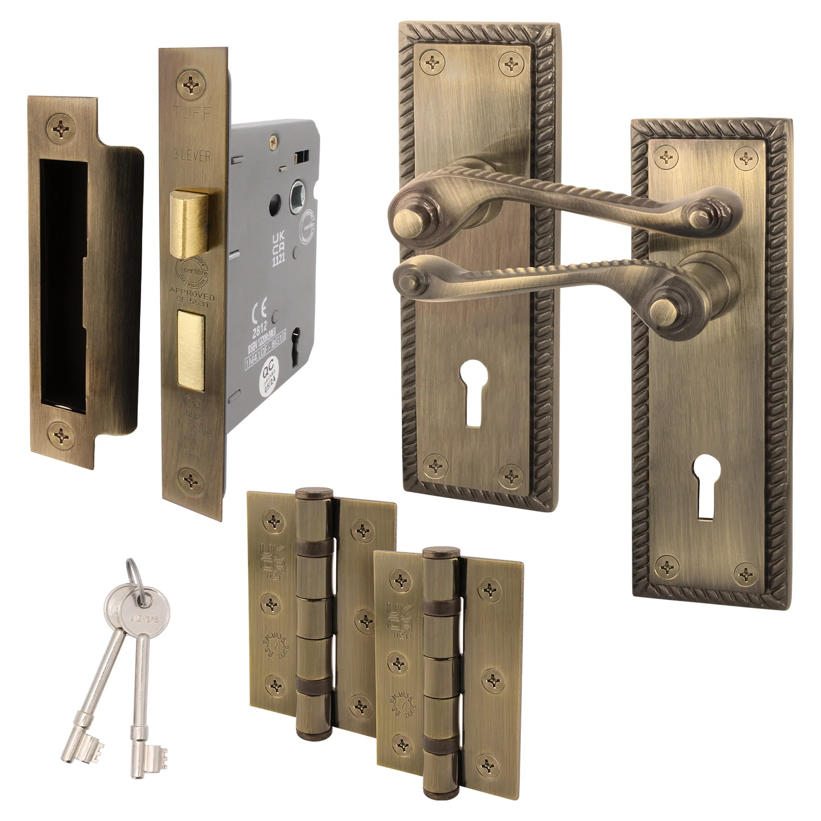 Georgian Rope Edge Scroll Antique Brass Door Handle Pack - 80mm Sashlock