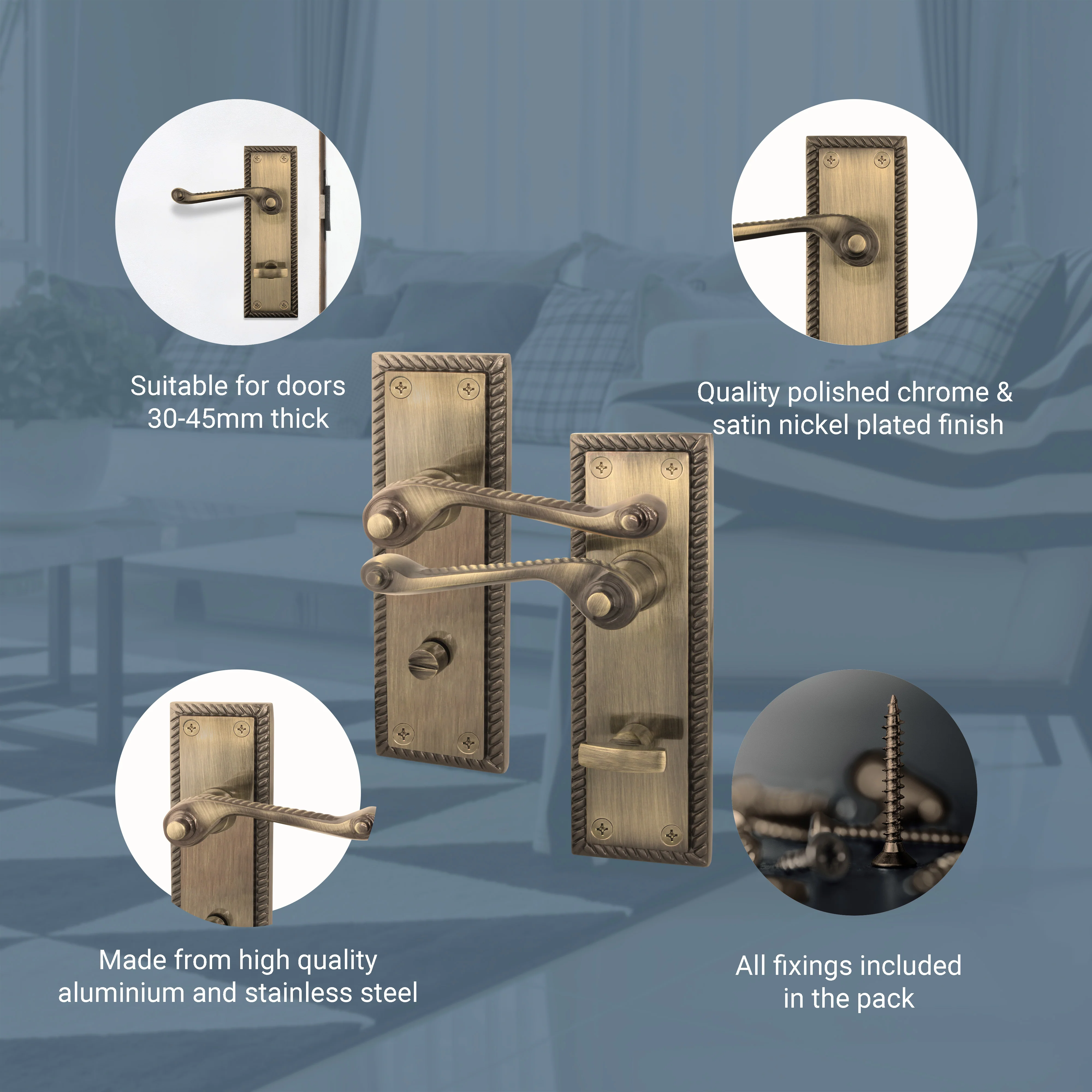 Georgian Rope Edge Scroll Antique Brass Door Handles - Bathroom - Image 4