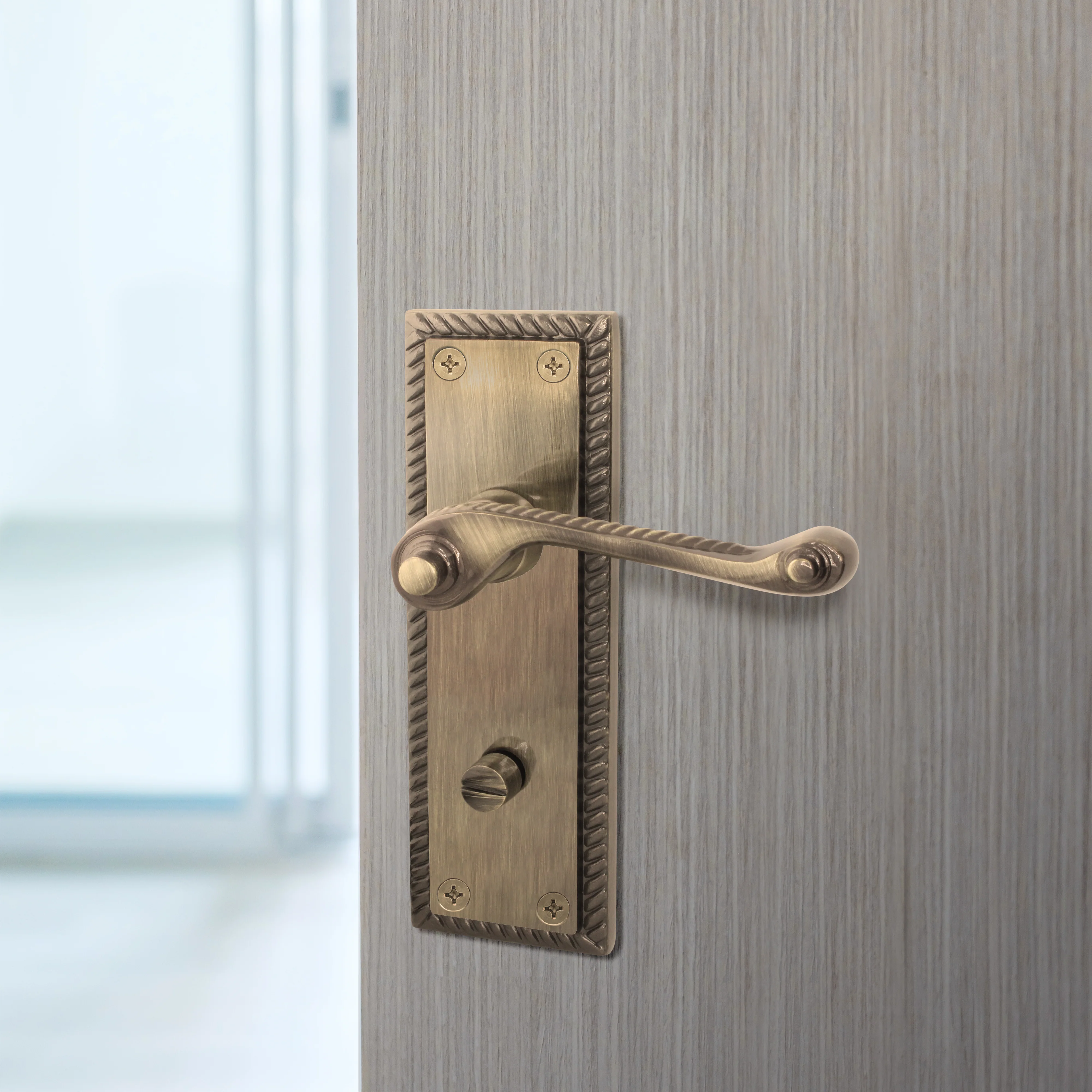 Georgian Rope Edge Scroll Antique Brass Door Handles - Bathroom - Image 5