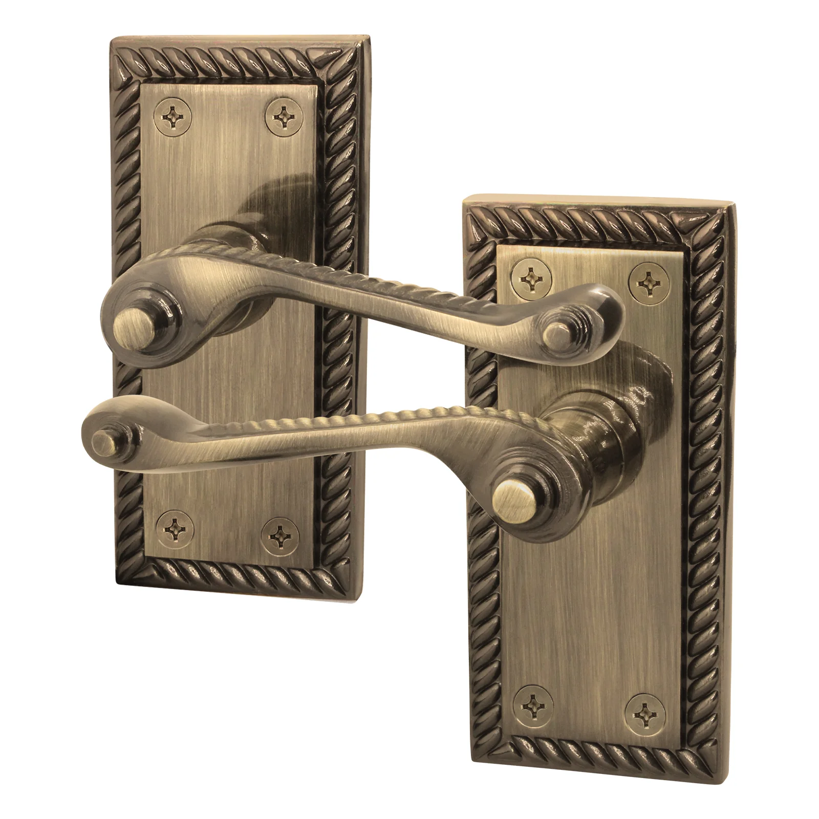 Georgian Rope Edge Scroll Antique Brass Door Handles - Latch