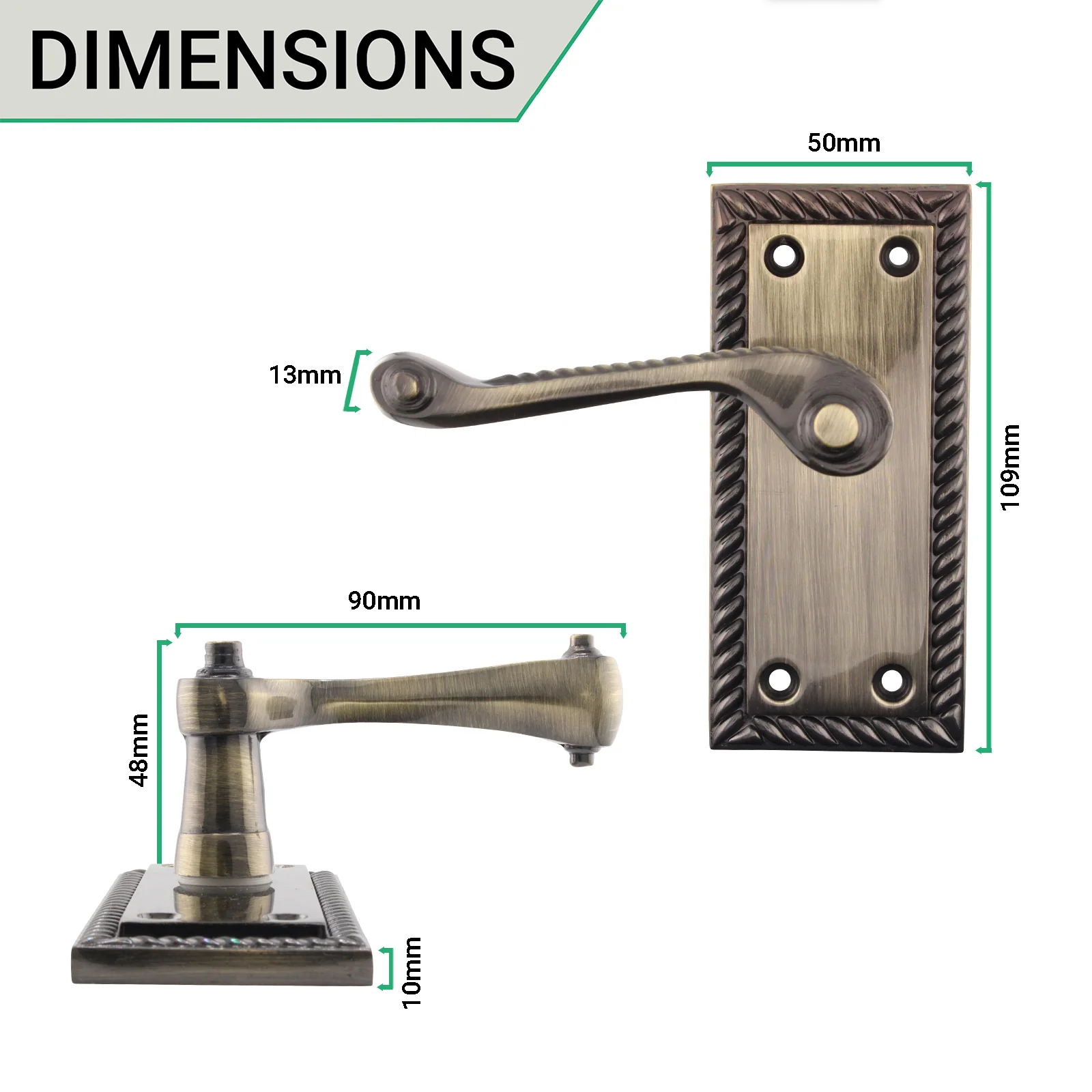 Georgian Rope Edge Scroll Antique Brass Door Handles - Latch - Image 3