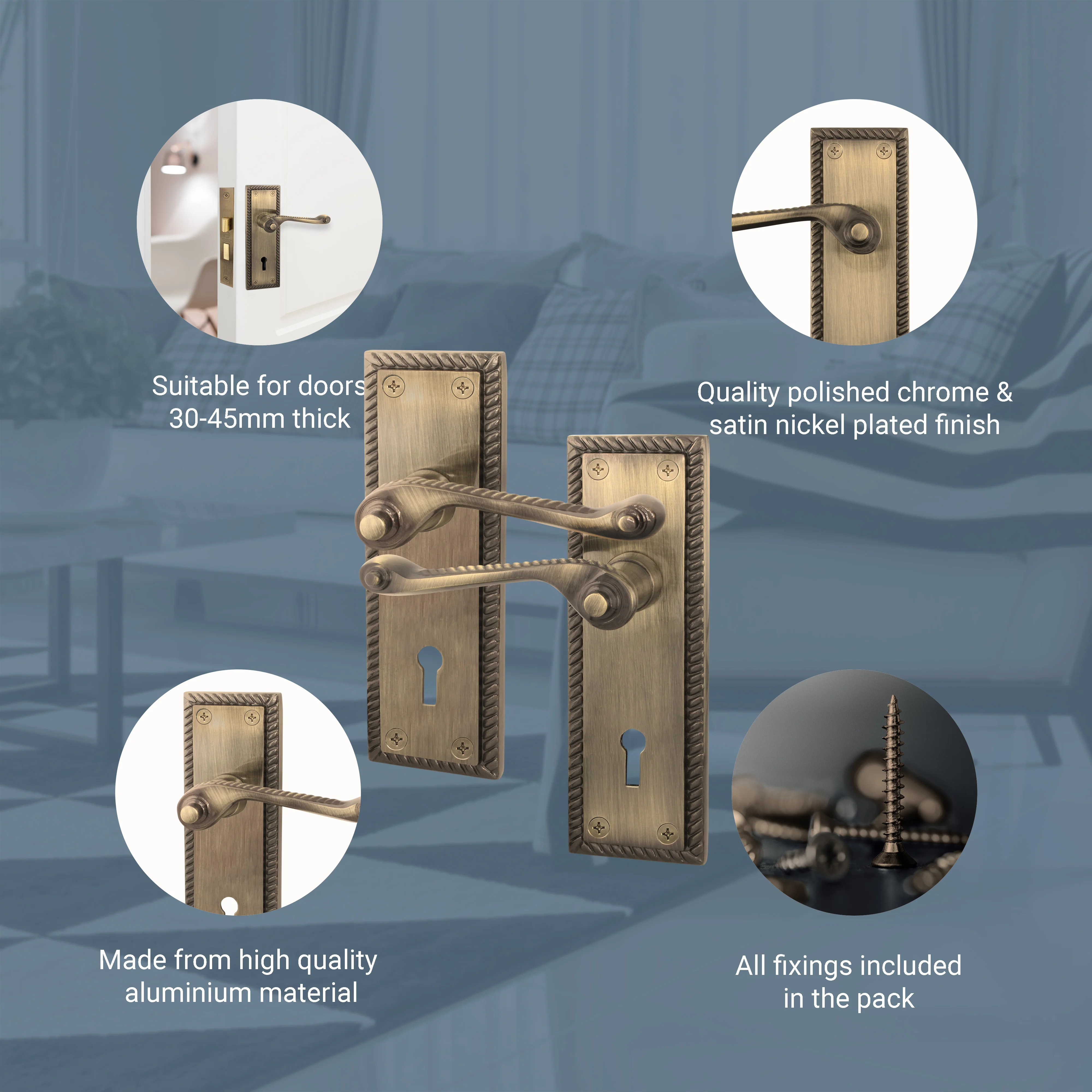 Georgian Rope Edge Scroll Antique Brass Lock Door Handles - Keyhole - Image 4