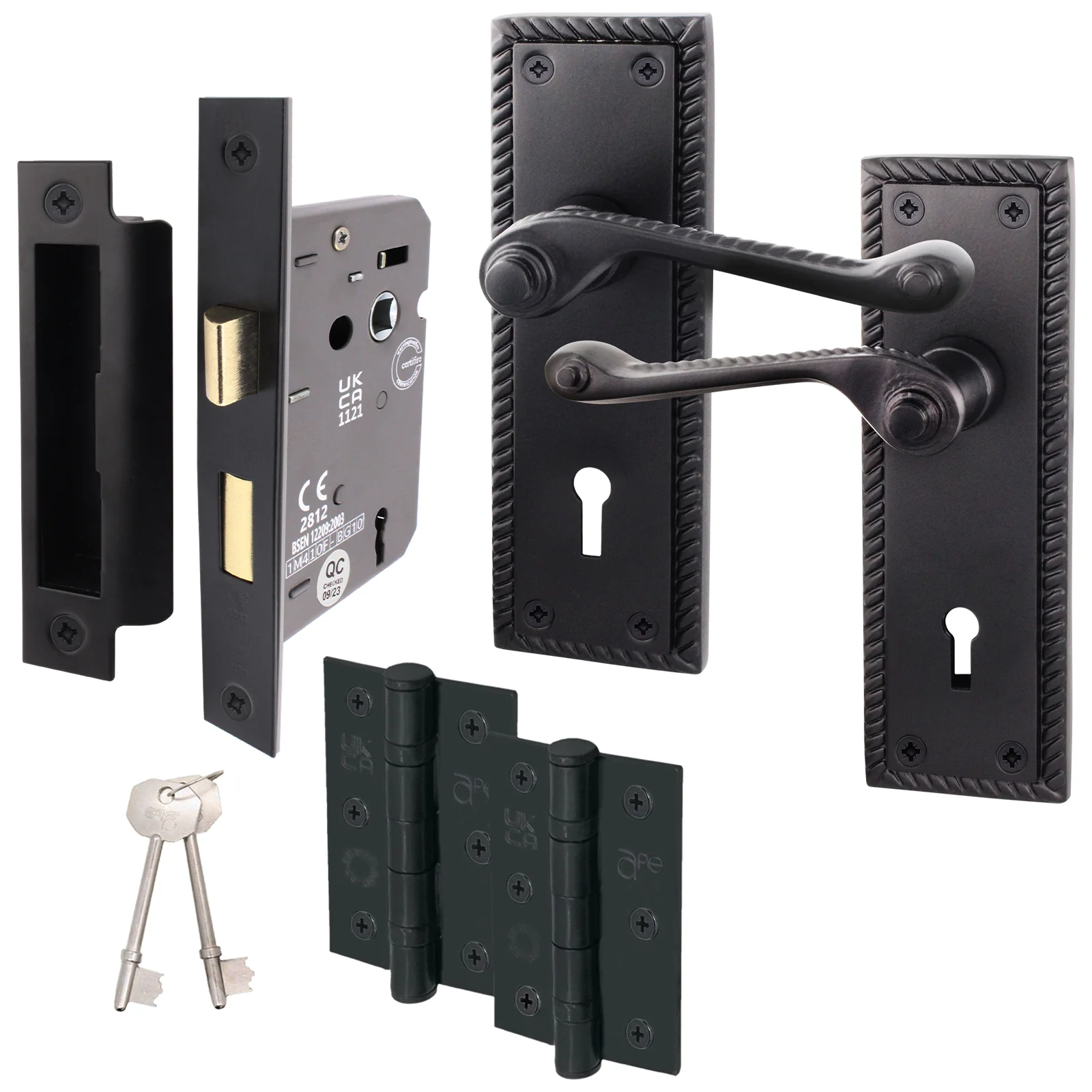 Georgian Rope Edge Scroll Black Door Handle Pack - 64mm Sashlock