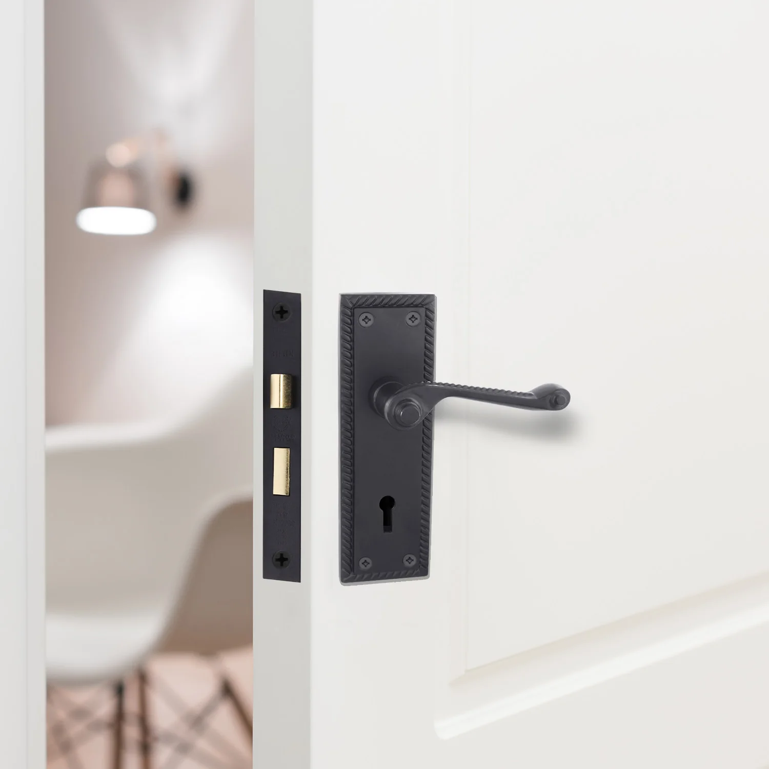 Georgian Rope Edge Scroll Black Door Handle Pack - 64mm Sashlock - Image 6