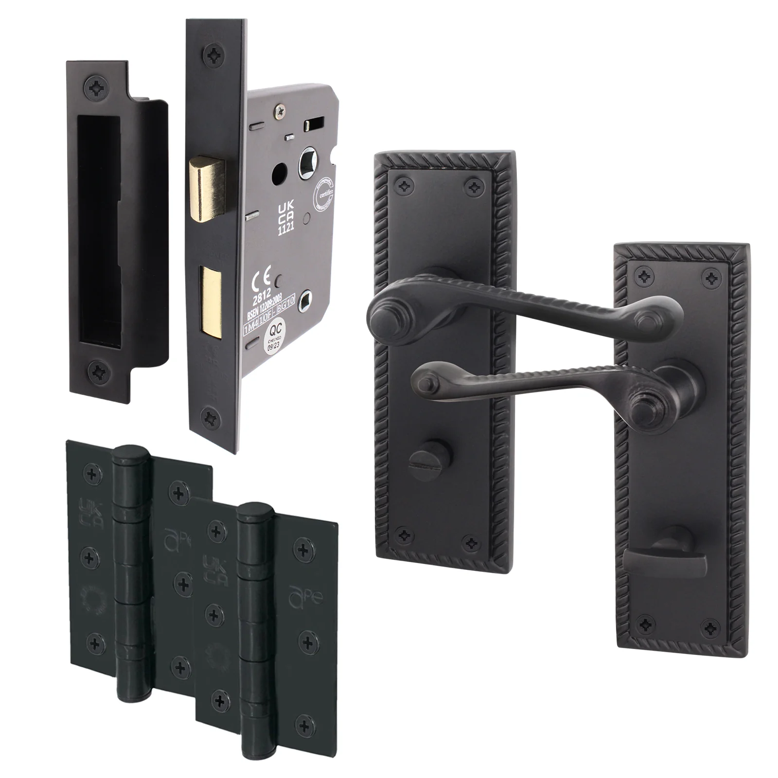 Georgian Rope Edge Scroll Black Door Handle Pack - 80mm Bathroom