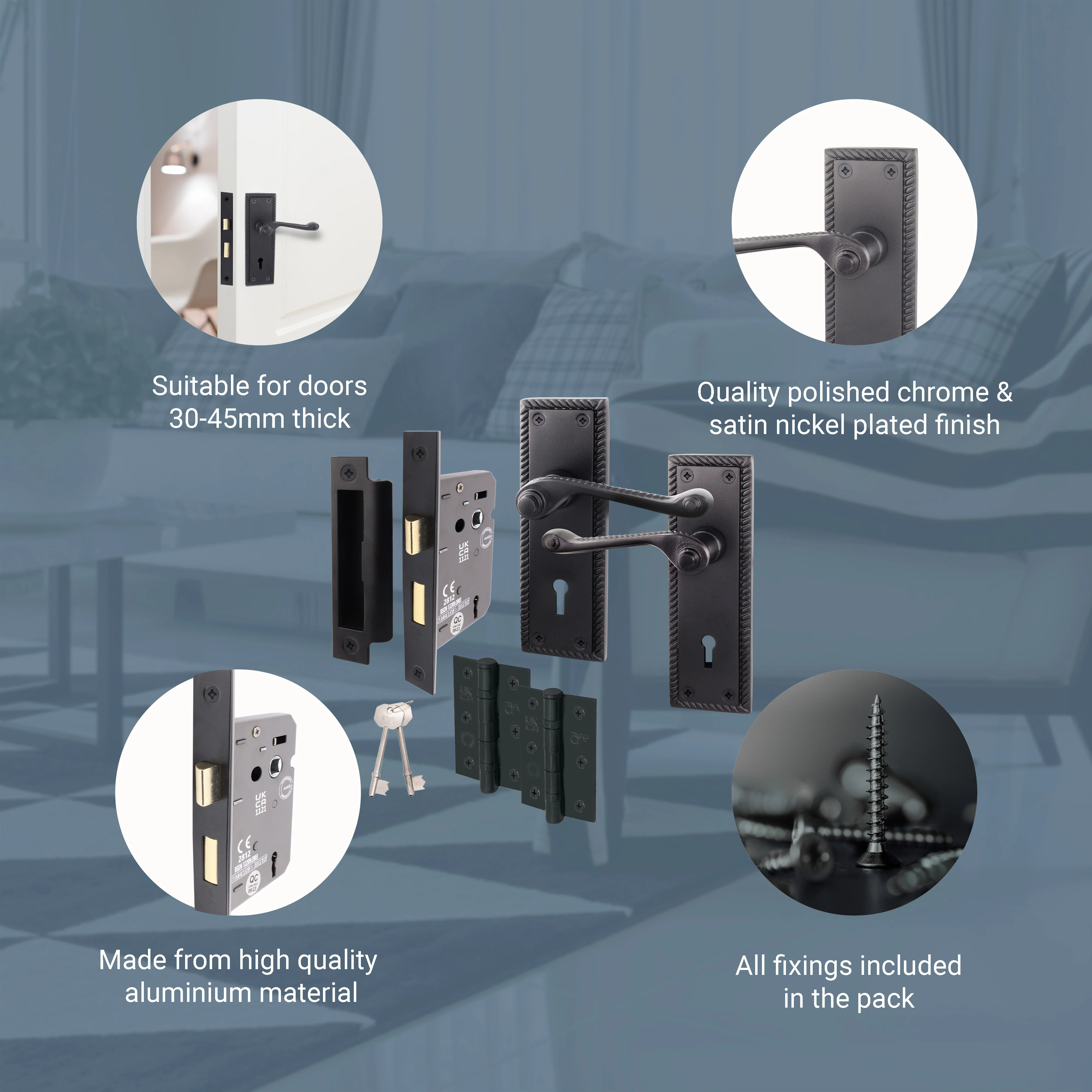 Georgian Rope Edge Scroll Black Door Handle Pack - 80mm Sashlock - Image 4
