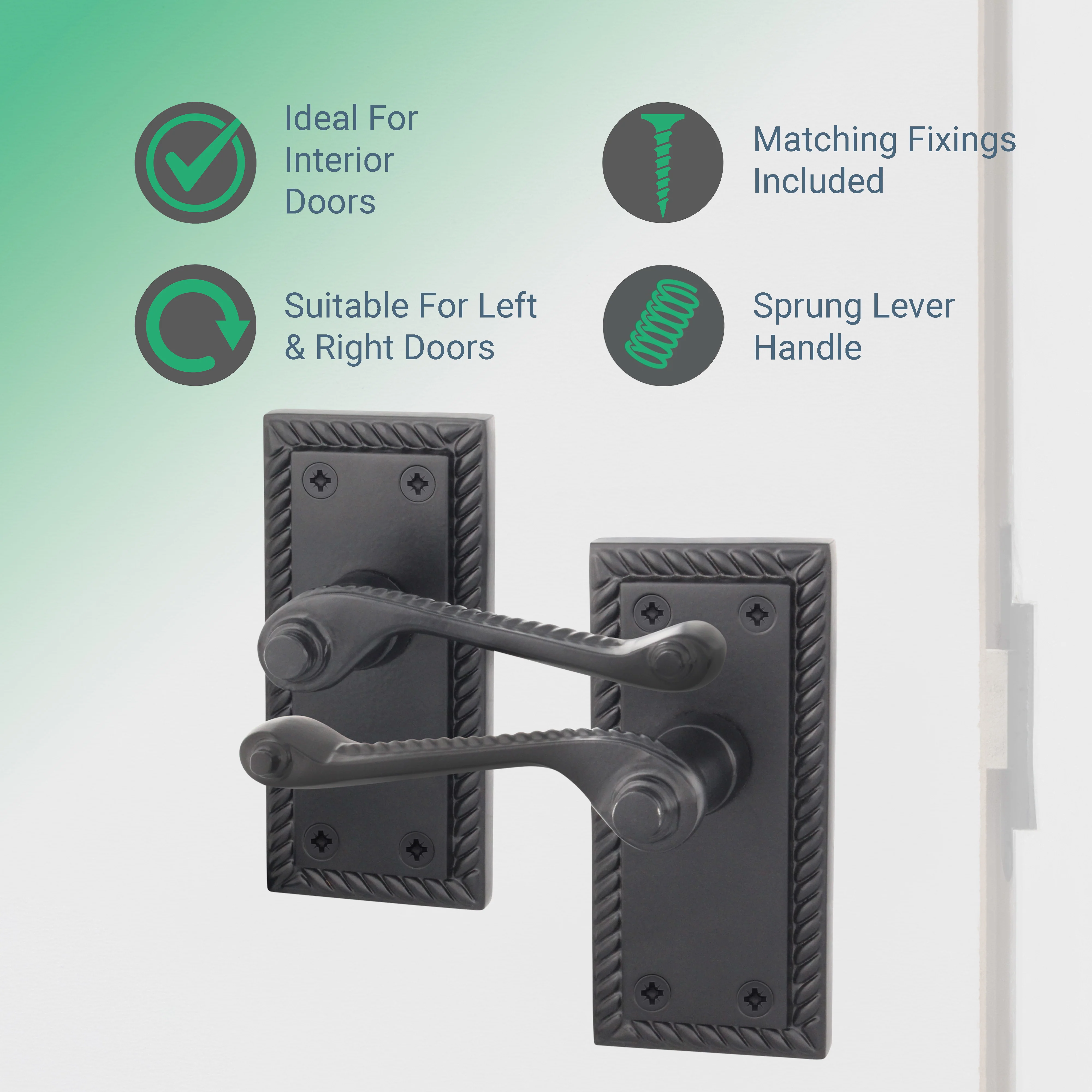 Georgian Rope Edge Scroll Black Door Handles - Latch - Image 2