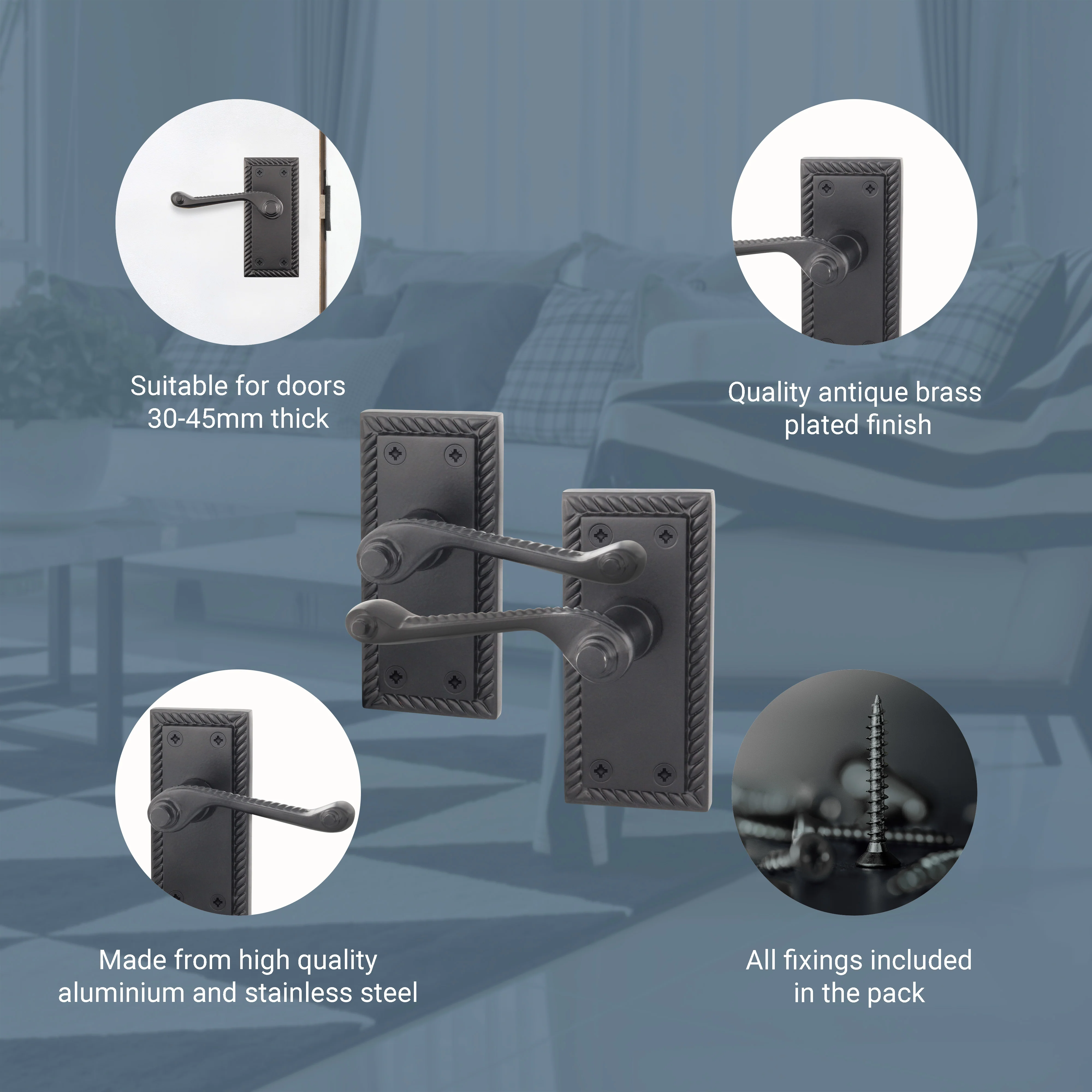 Georgian Rope Edge Scroll Black Door Handles - Latch - Image 4