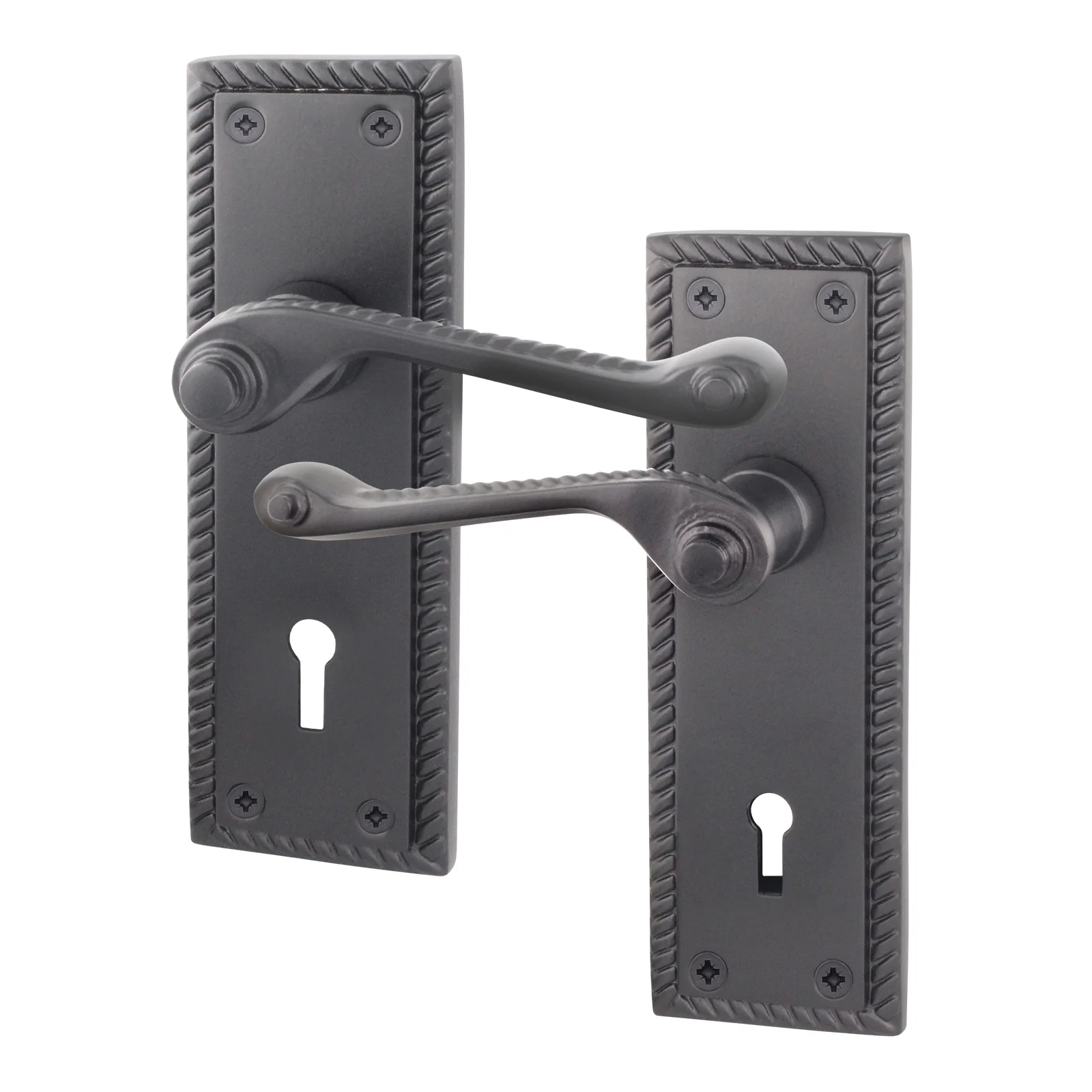 Georgian Rope Edge Scroll Black Lock Door Handles - Keyhole