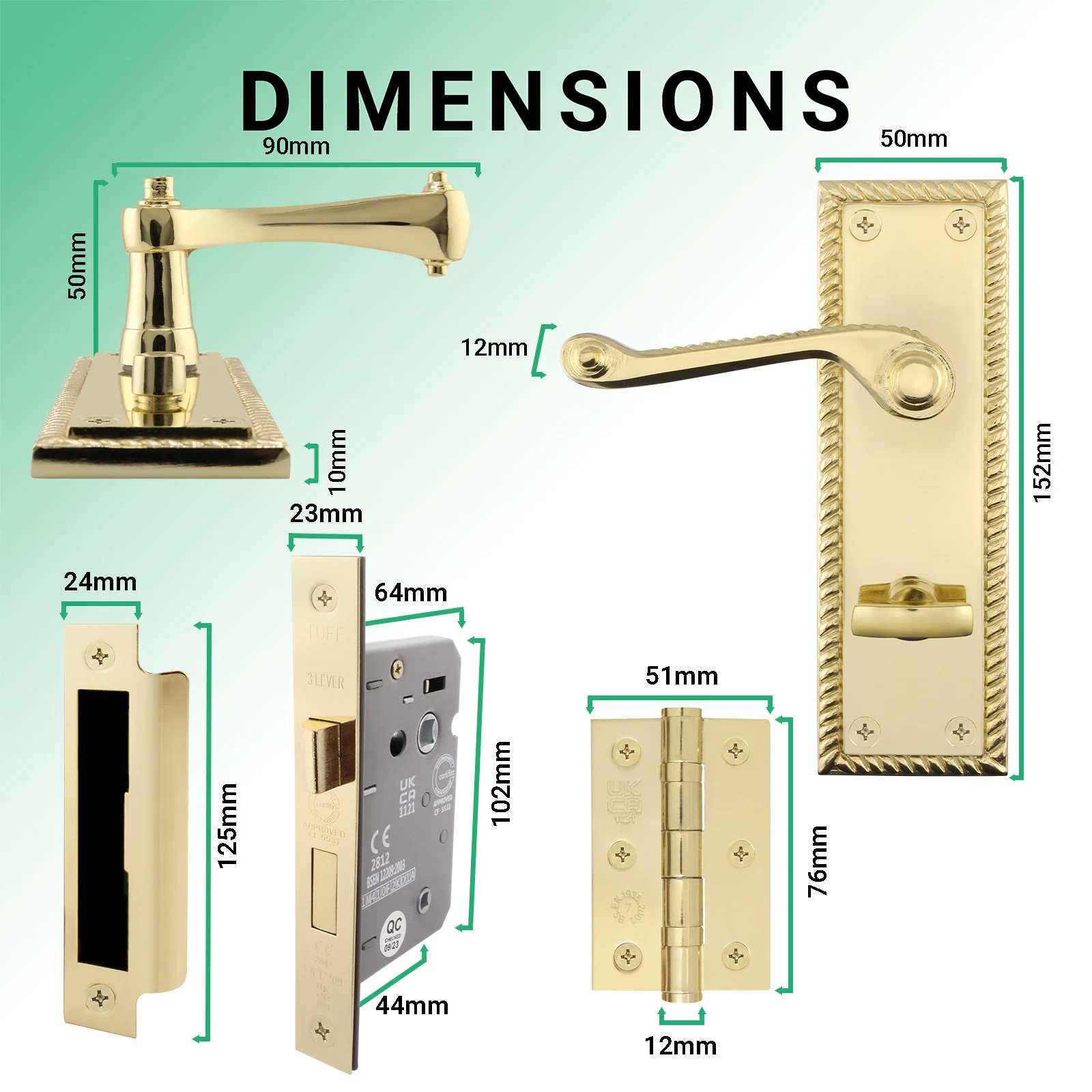 Georgian Rope Edge Scroll Polished Brass Door Handle Pack - 64mm Bathroom - Image 3