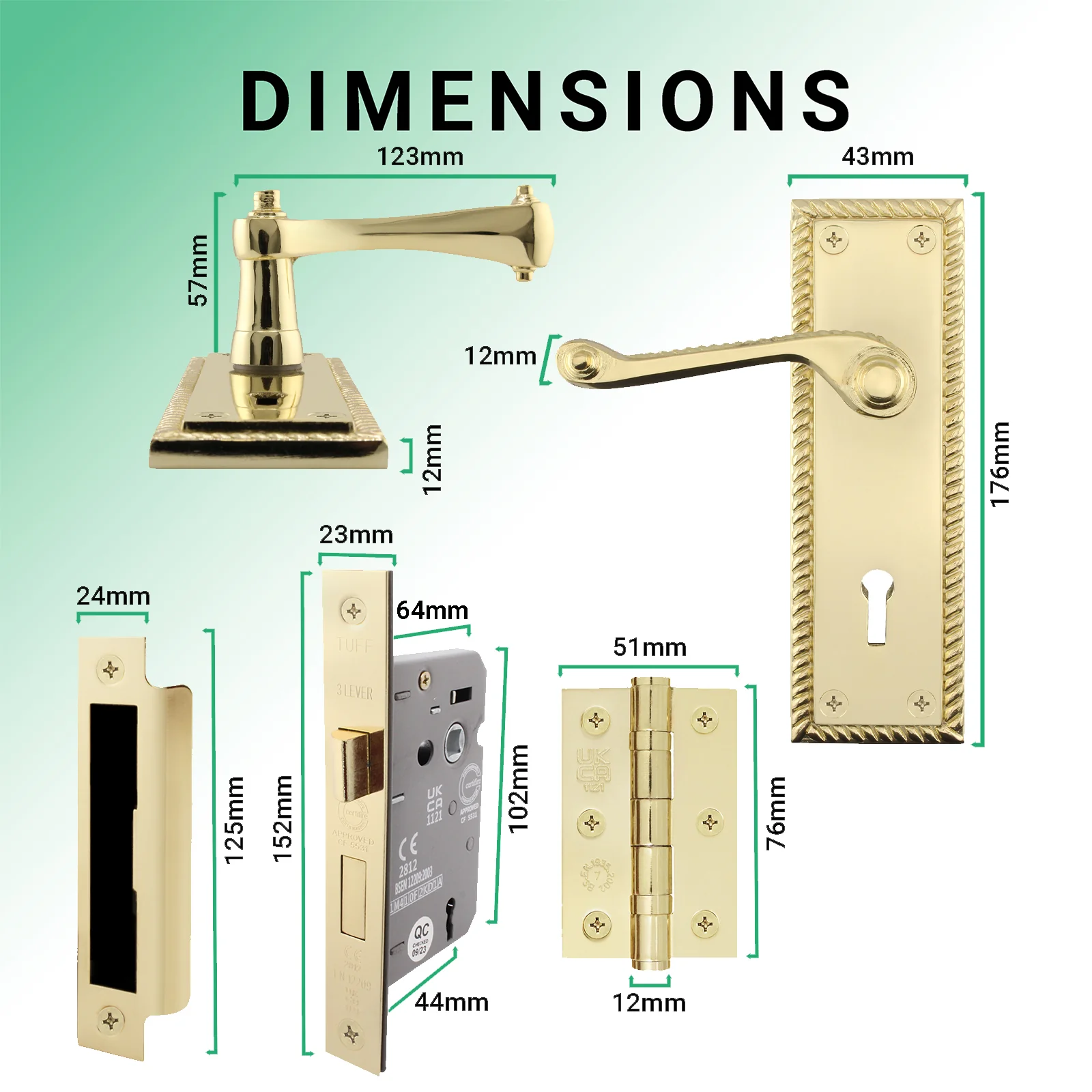 Georgian Rope Edge Scroll Polished Brass Door Handle Pack - 64mm Sashlock - Image 3