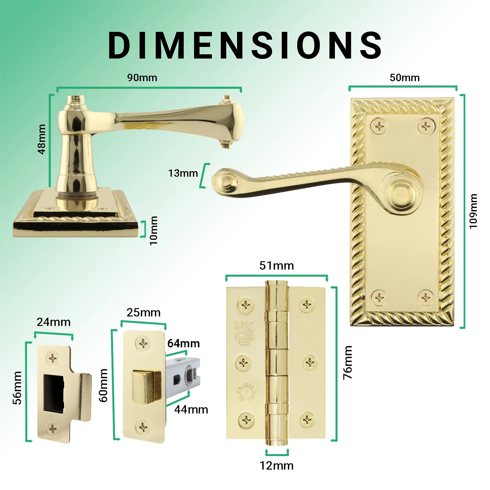 Georgian Rope Edge Scroll Polished Brass Door Handle Pack - 64mm Latch - Image 3
