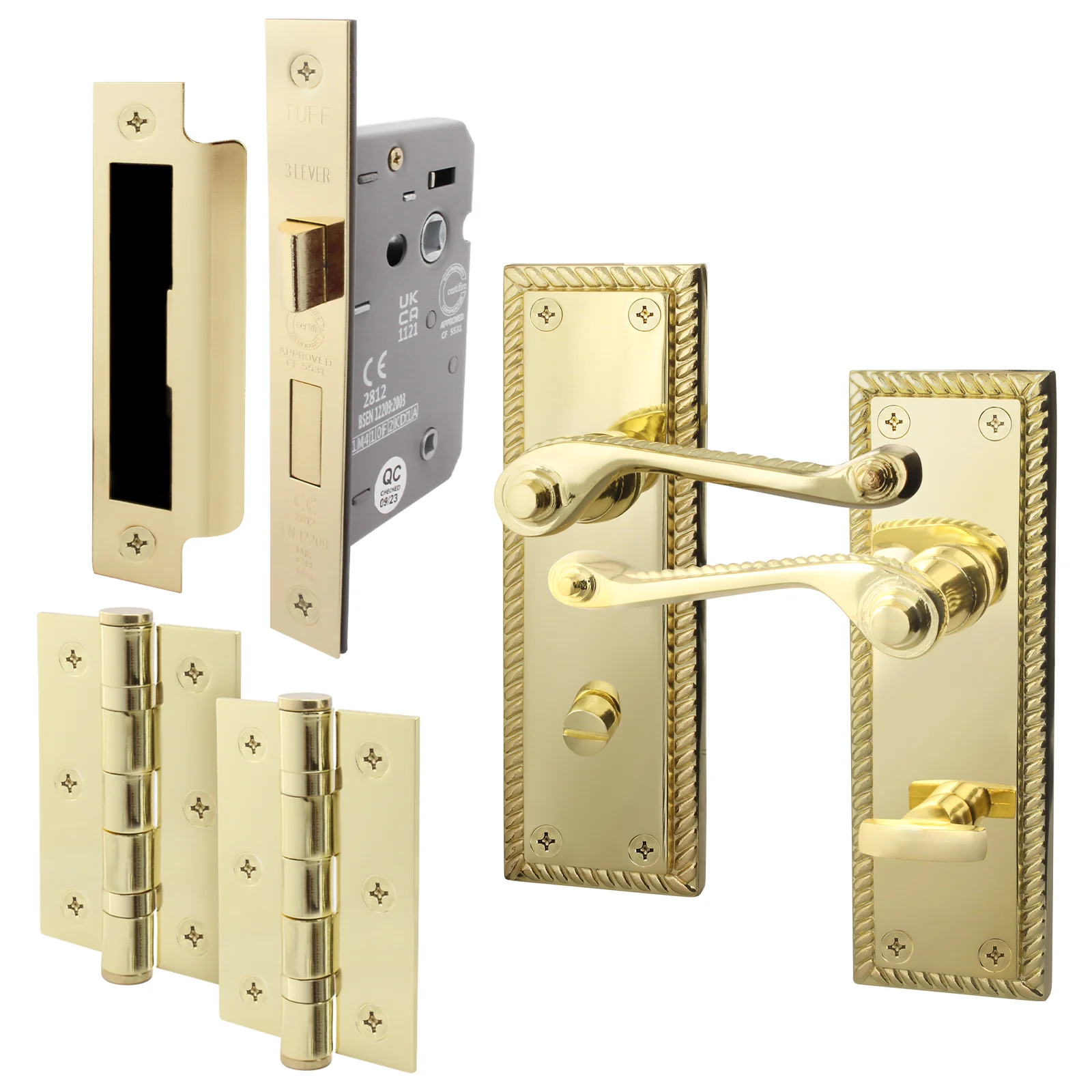 Georgian Rope Edge Scroll Polished Brass Door Handle Pack - 64mm Bathroom