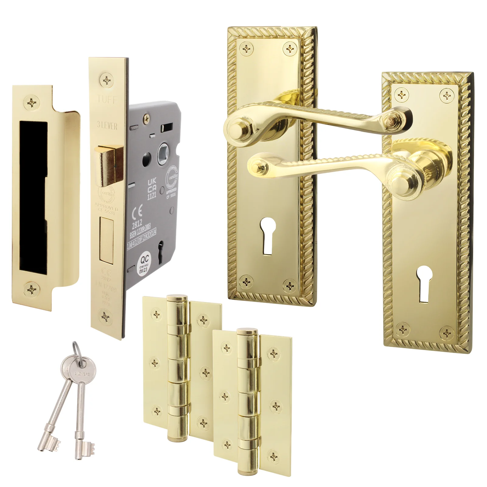 Georgian Rope Edge Scroll Polished Brass Door Handle Pack - 64mm Sashlock