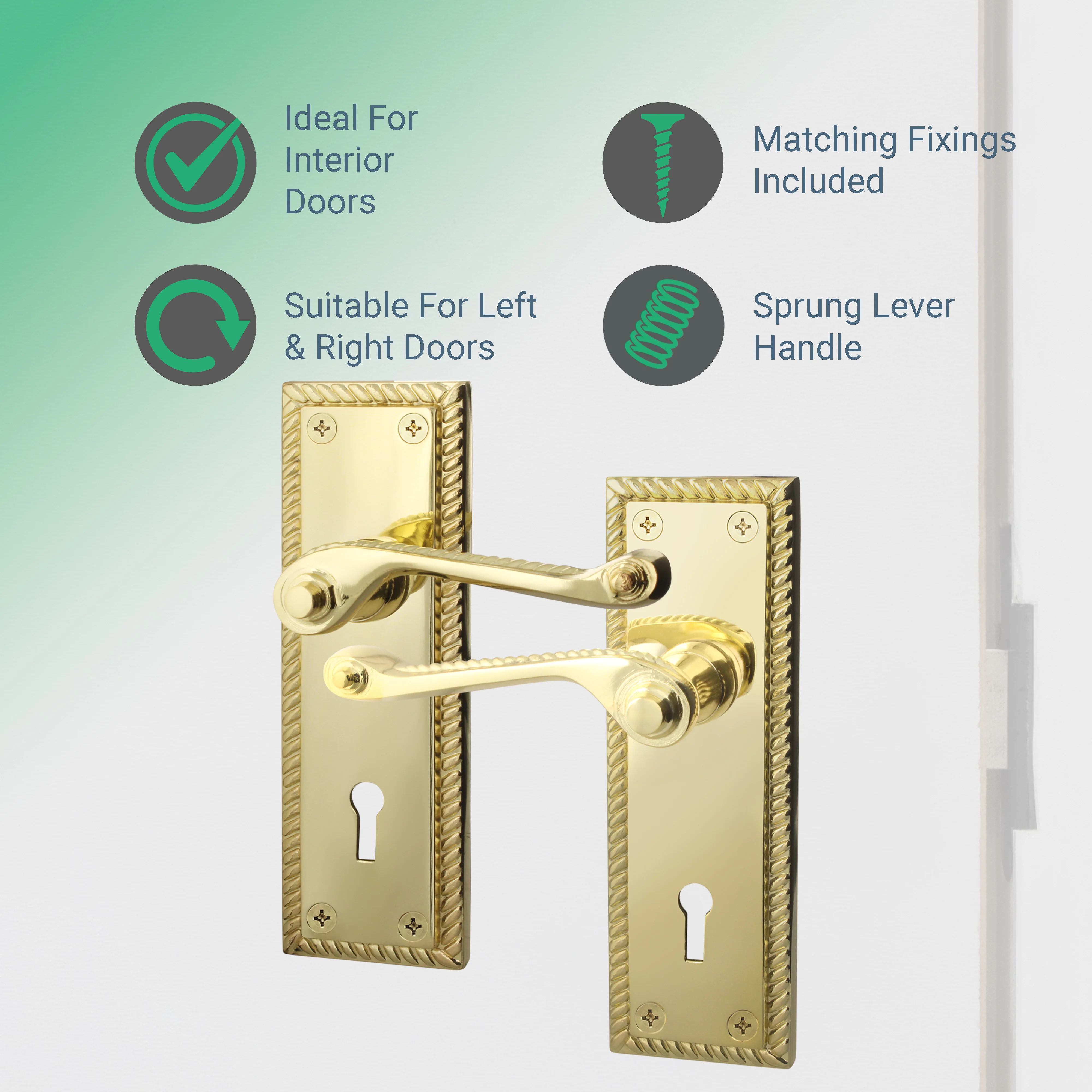 Georgian Rope Edge Scroll Polished Brass Door Handle Pack - 64mm Sashlock - Image 2