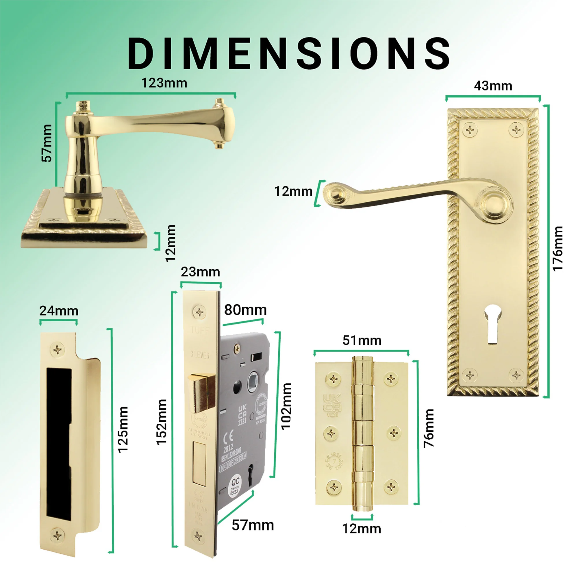 Georgian Rope Edge Scroll Polished Brass Door Handle Pack - 80mm Sashlock - Image 3