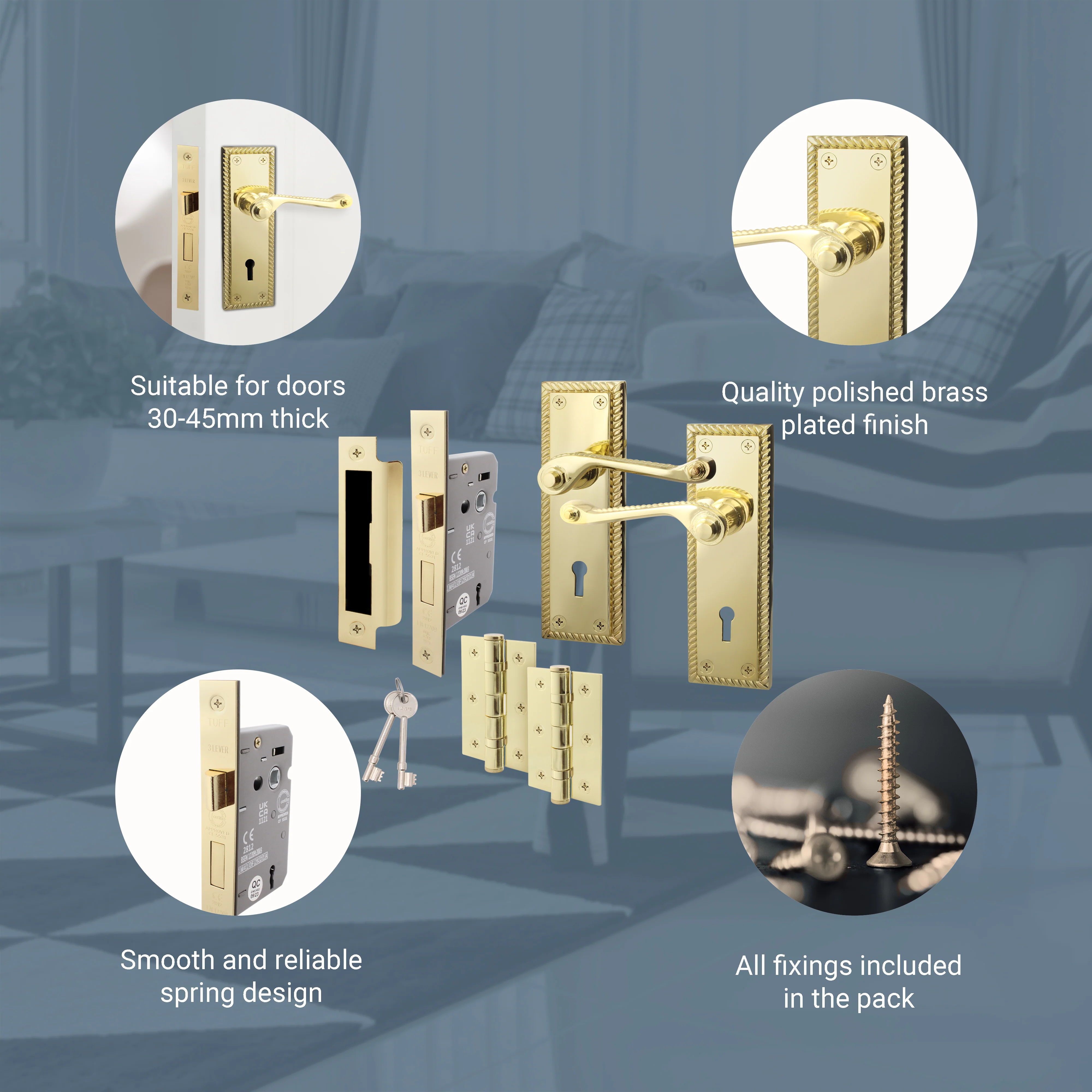 Georgian Rope Edge Scroll Polished Brass Door Handle Pack - 64mm Sashlock - Image 4