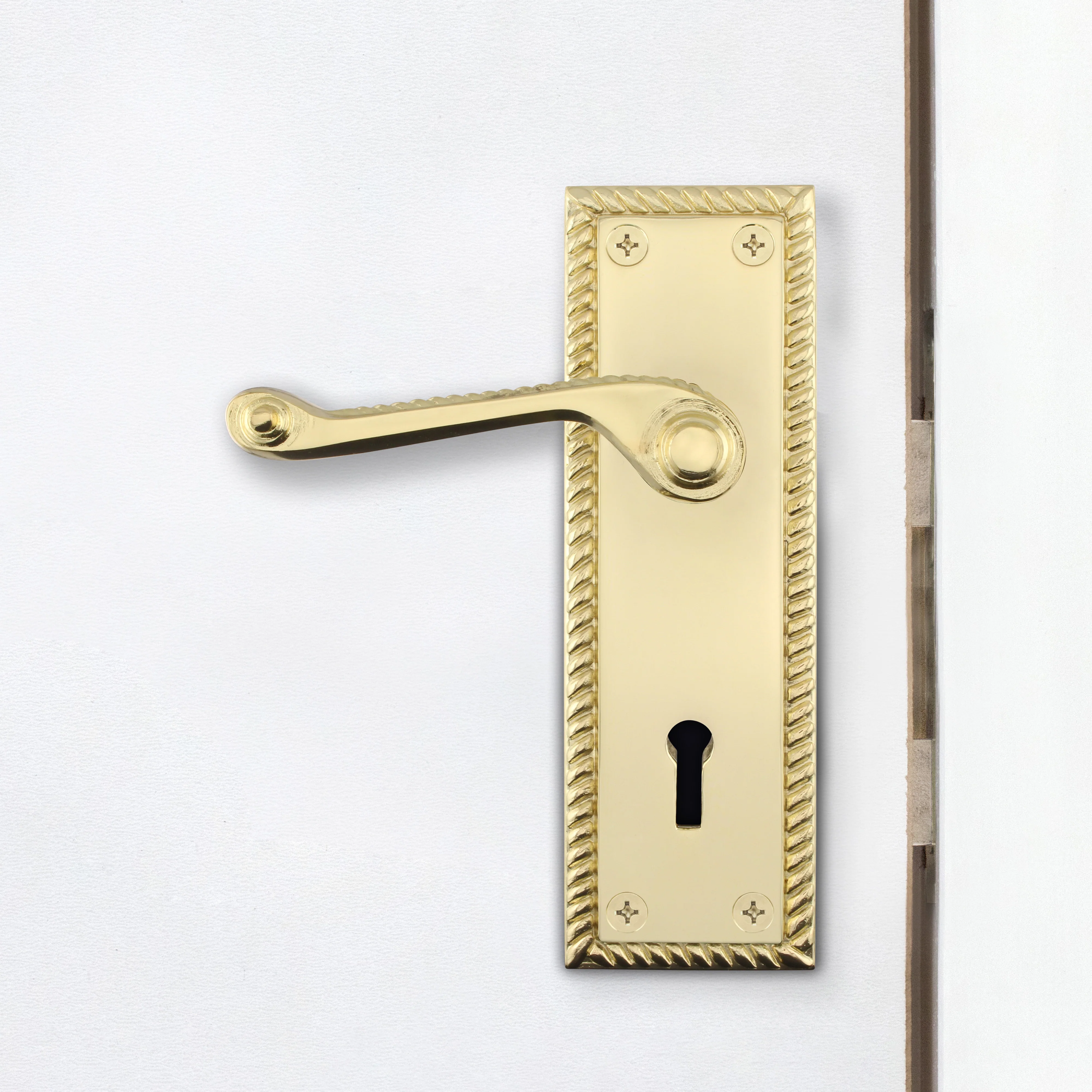 Georgian Rope Edge Scroll Polished Brass Door Handle Pack - 64mm Sashlock - Image 5