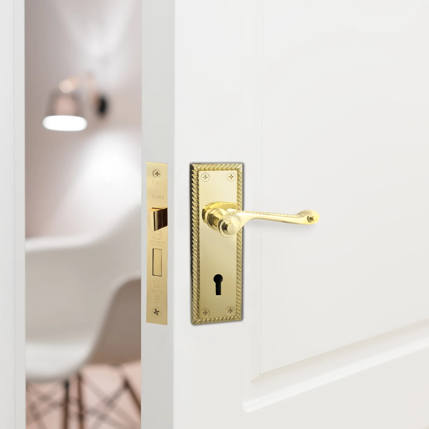 Georgian Rope Edge Scroll Polished Brass Door Handle Pack - 64mm Sashlock - Image 6