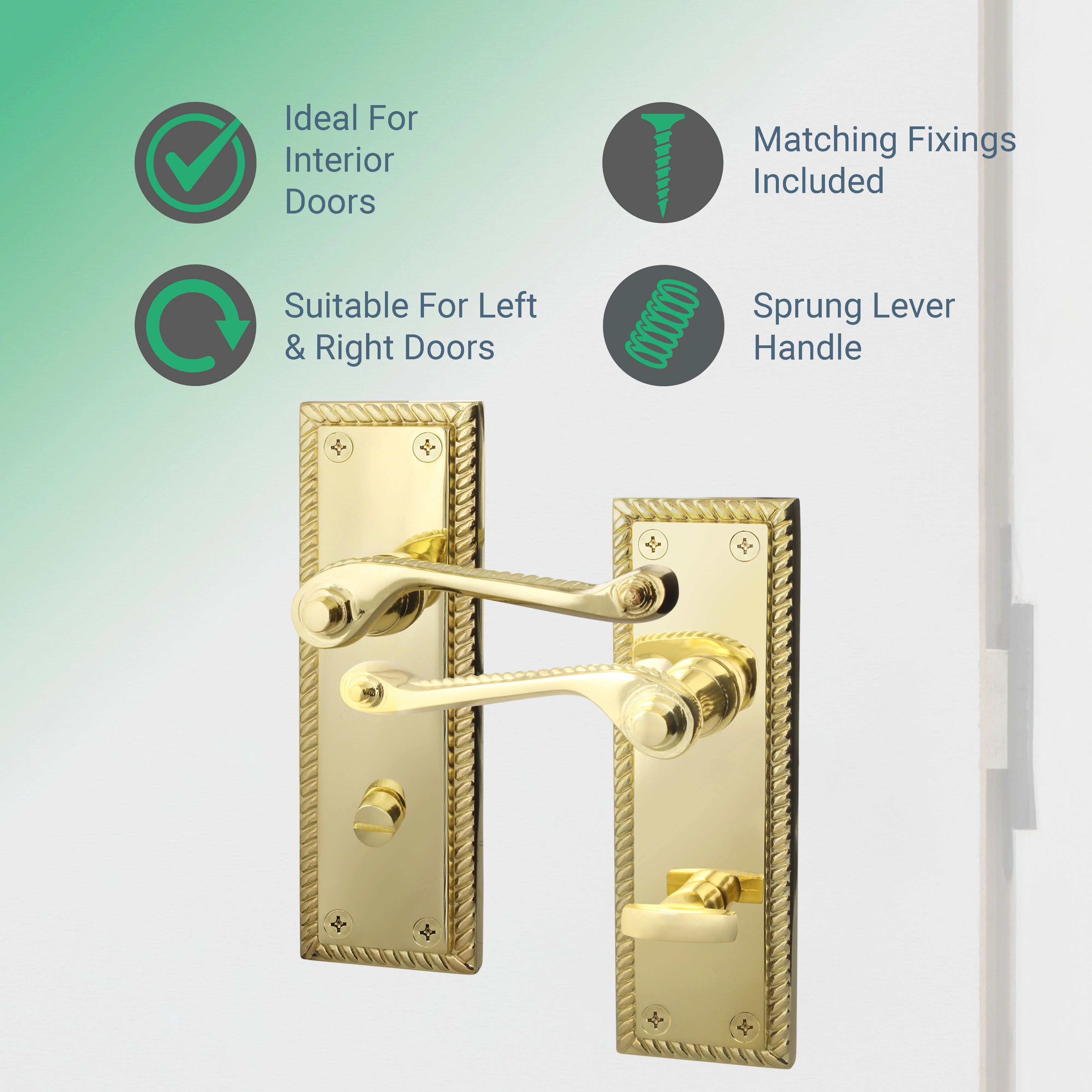 Georgian Rope Edge Scroll Polished Brass Door Handles - Bathroom - Image 2