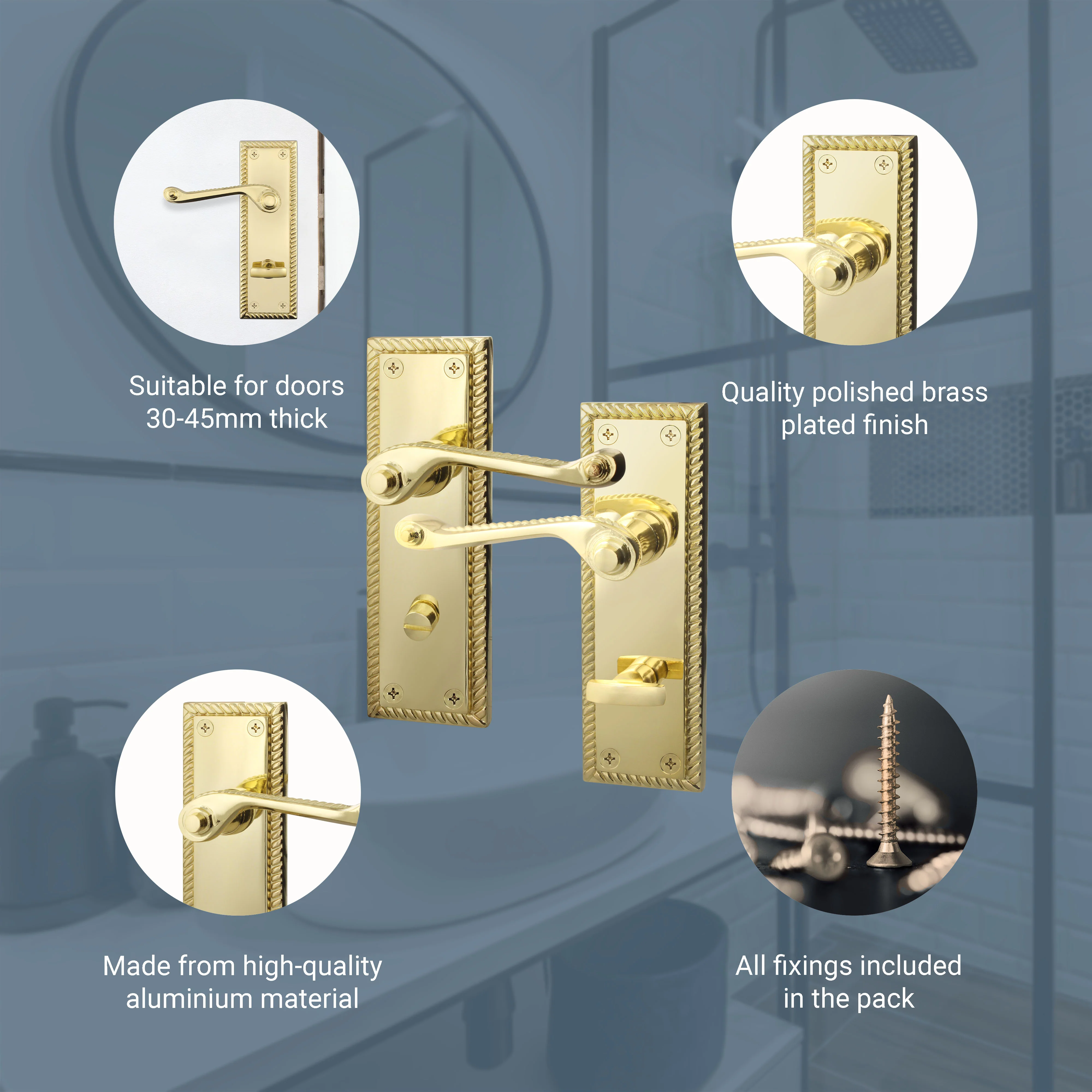 Georgian Rope Edge Scroll Polished Brass Door Handles - Bathroom - Image 4