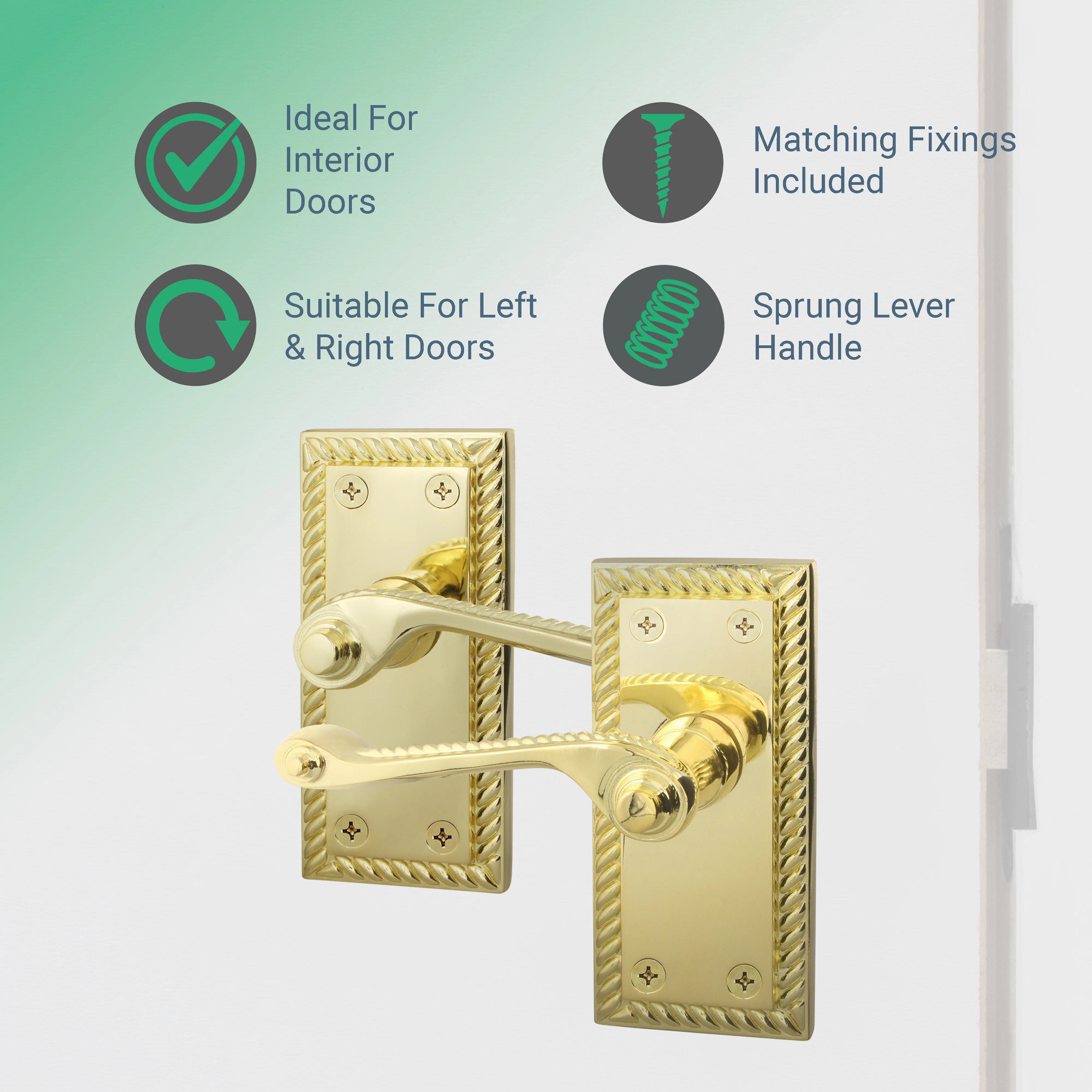Georgian Rope Edge Scroll Polished Brass Door Handles - Latch - Image 2