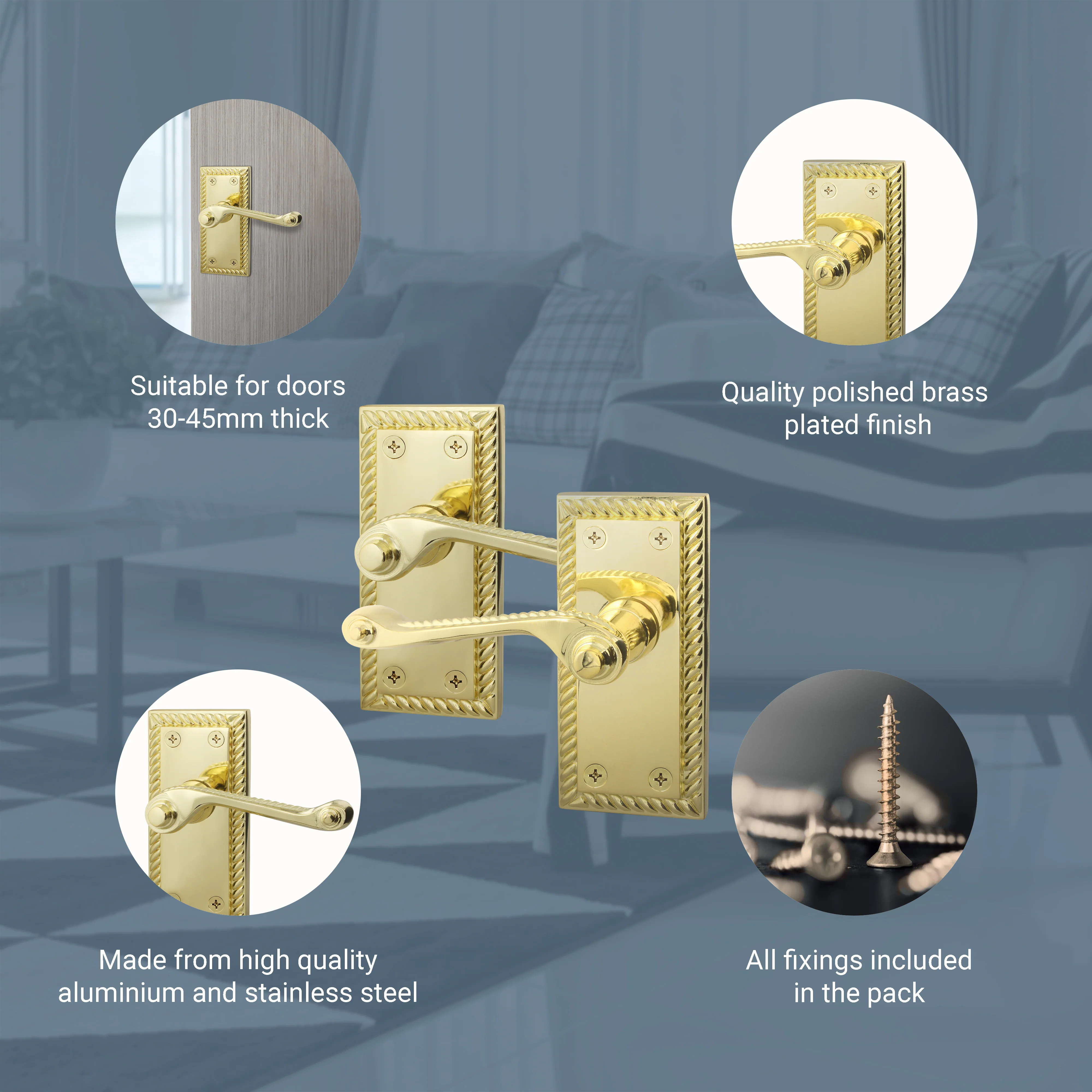 Georgian Rope Edge Scroll Polished Brass Door Handles - Latch - Image 4