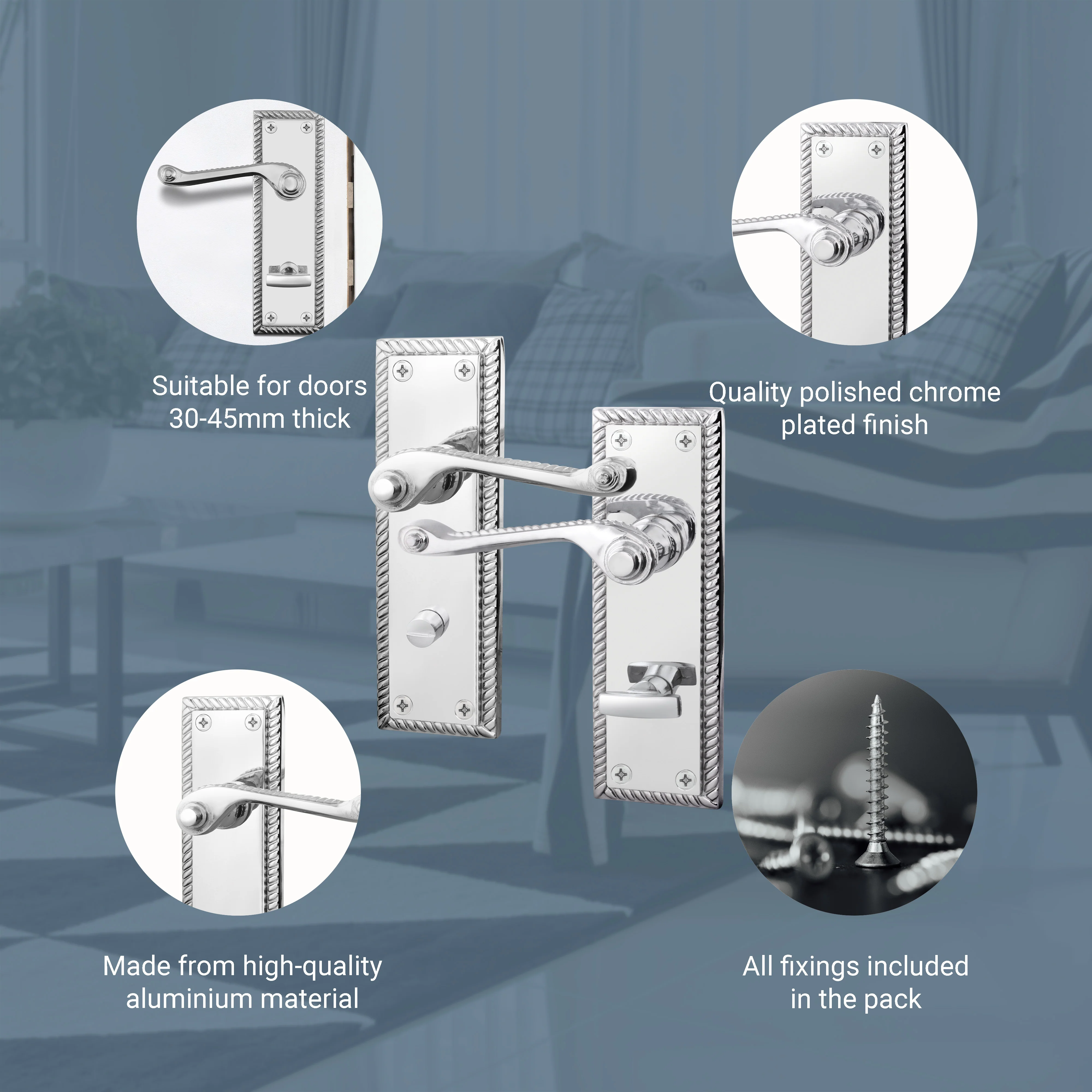 Georgian Rope Edge Scroll Polished Chrome Door Handles - Bathroom - Image 4