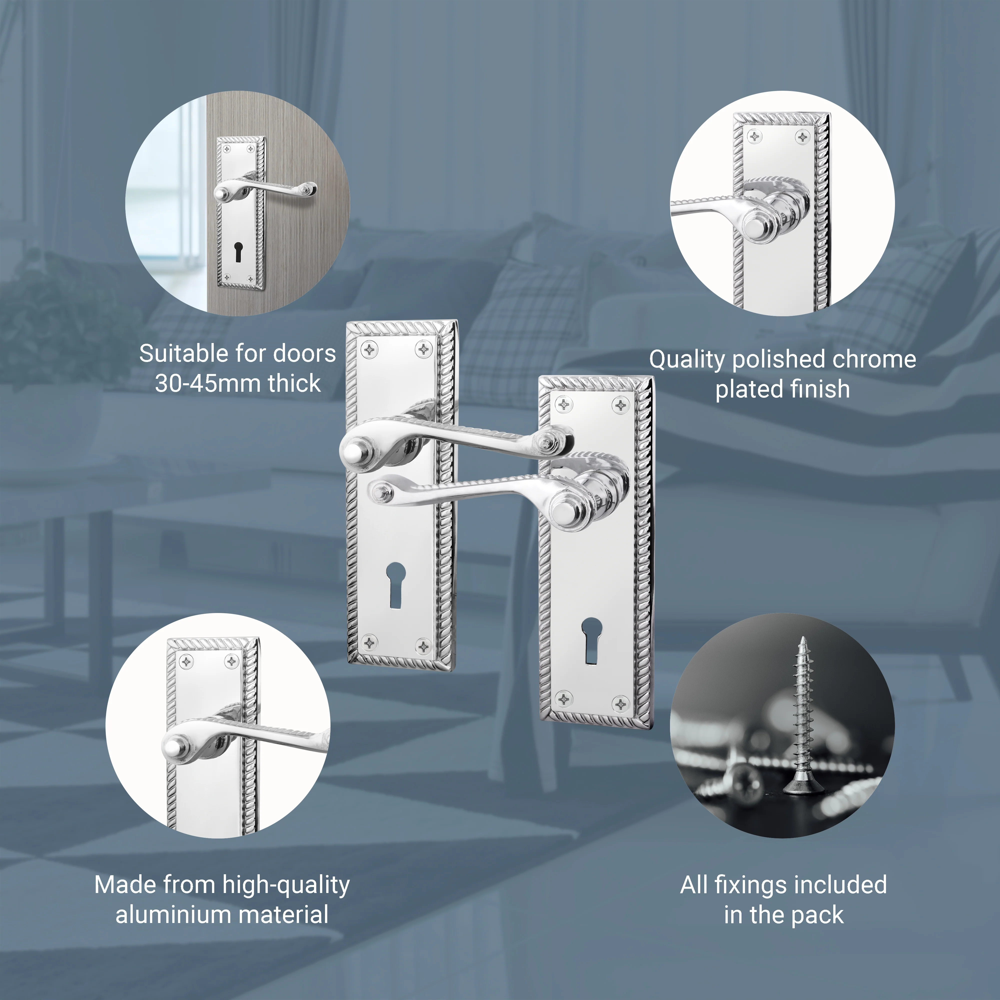 Georgian Rope Edge Scroll Polished Chrome Door Handles - Keyhole - Image 4