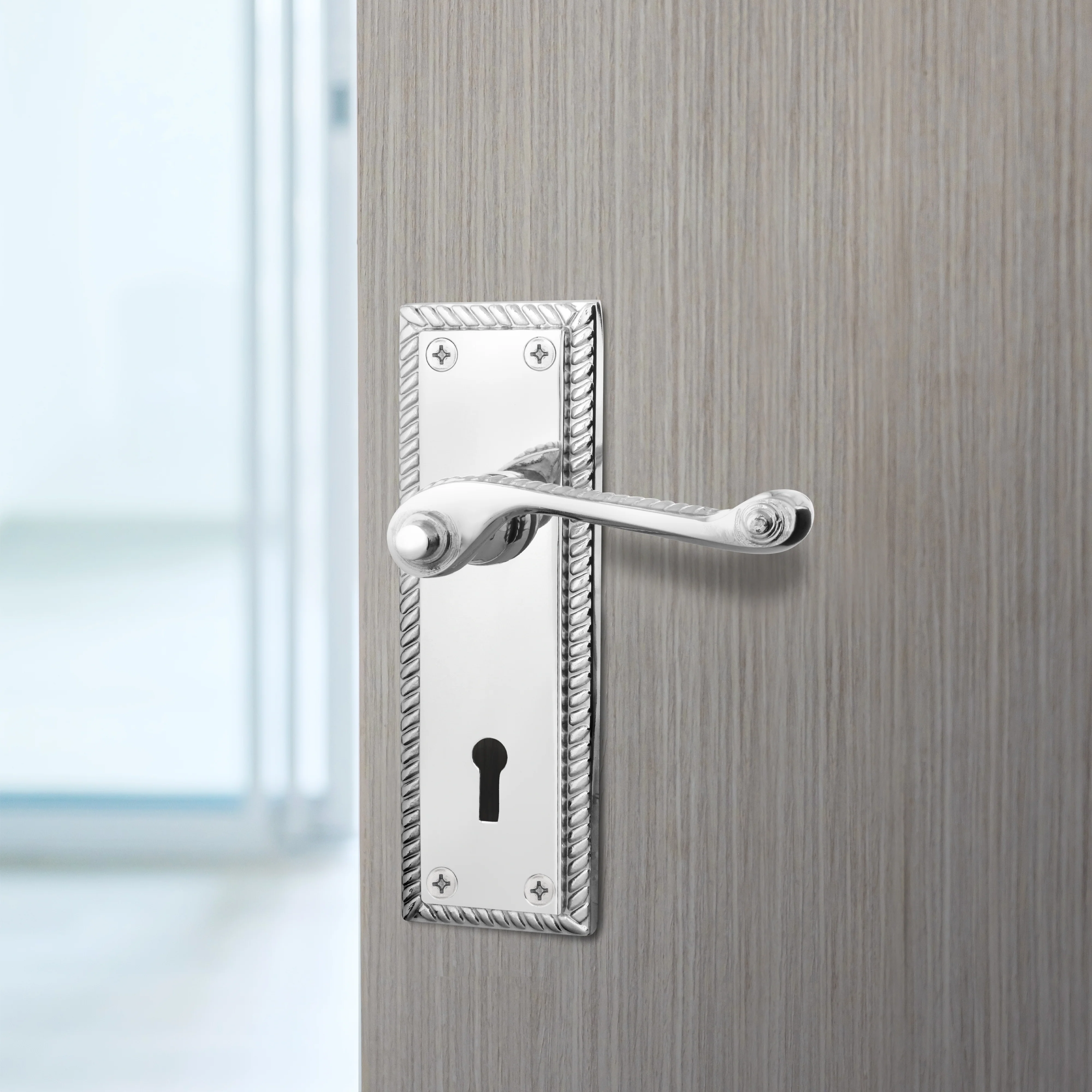 Georgian Rope Edge Scroll Polished Chrome Door Handles - Keyhole - Image 6