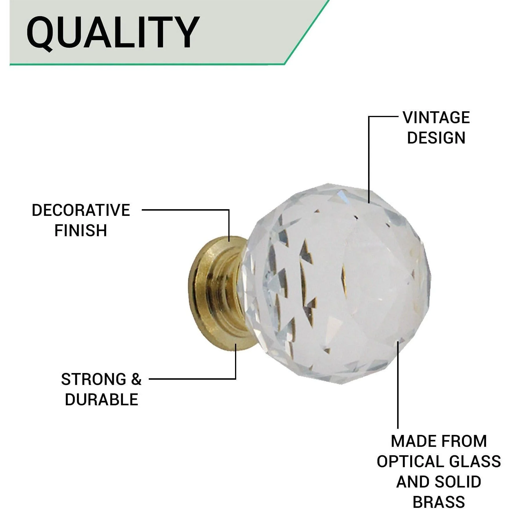 Glass Facetted Cupboard Knob - 30mm - Polished Brass - Image 5