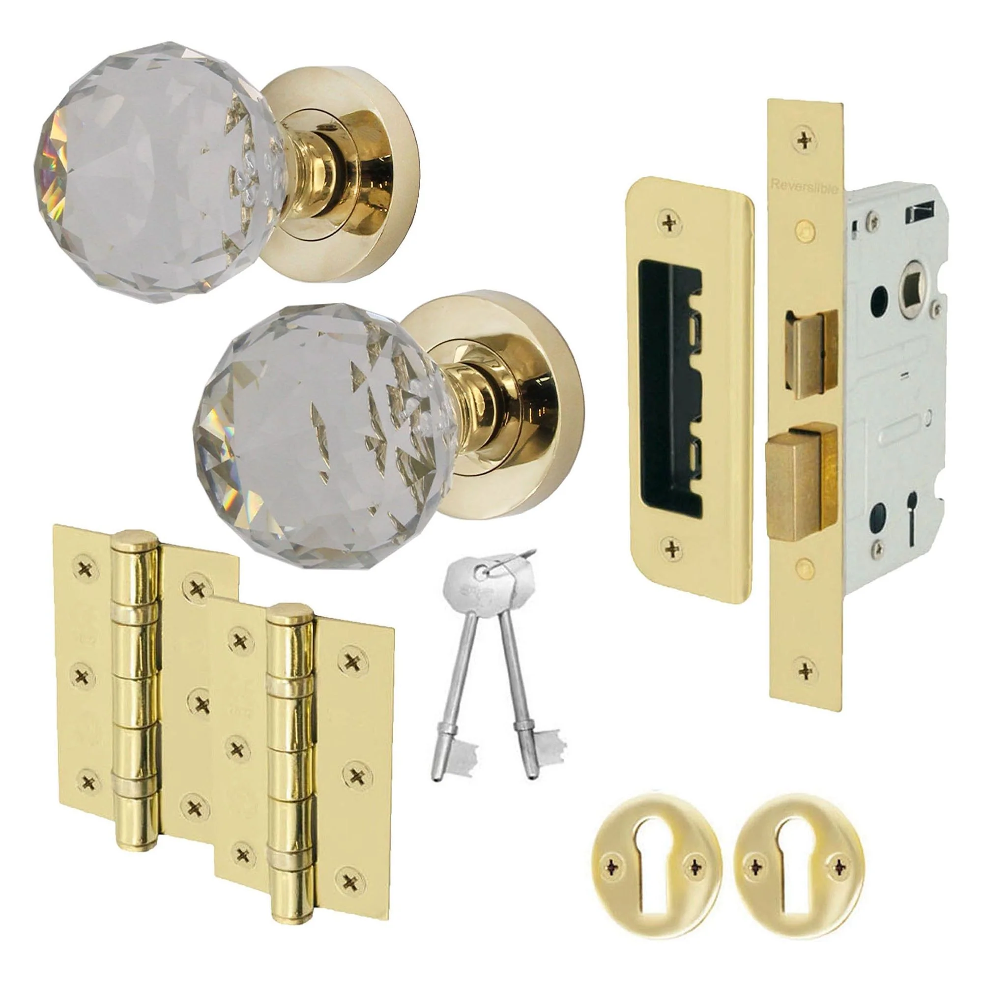 Glass and Polished Brass Mortice Door Knob Kit - 80mm Sashlock