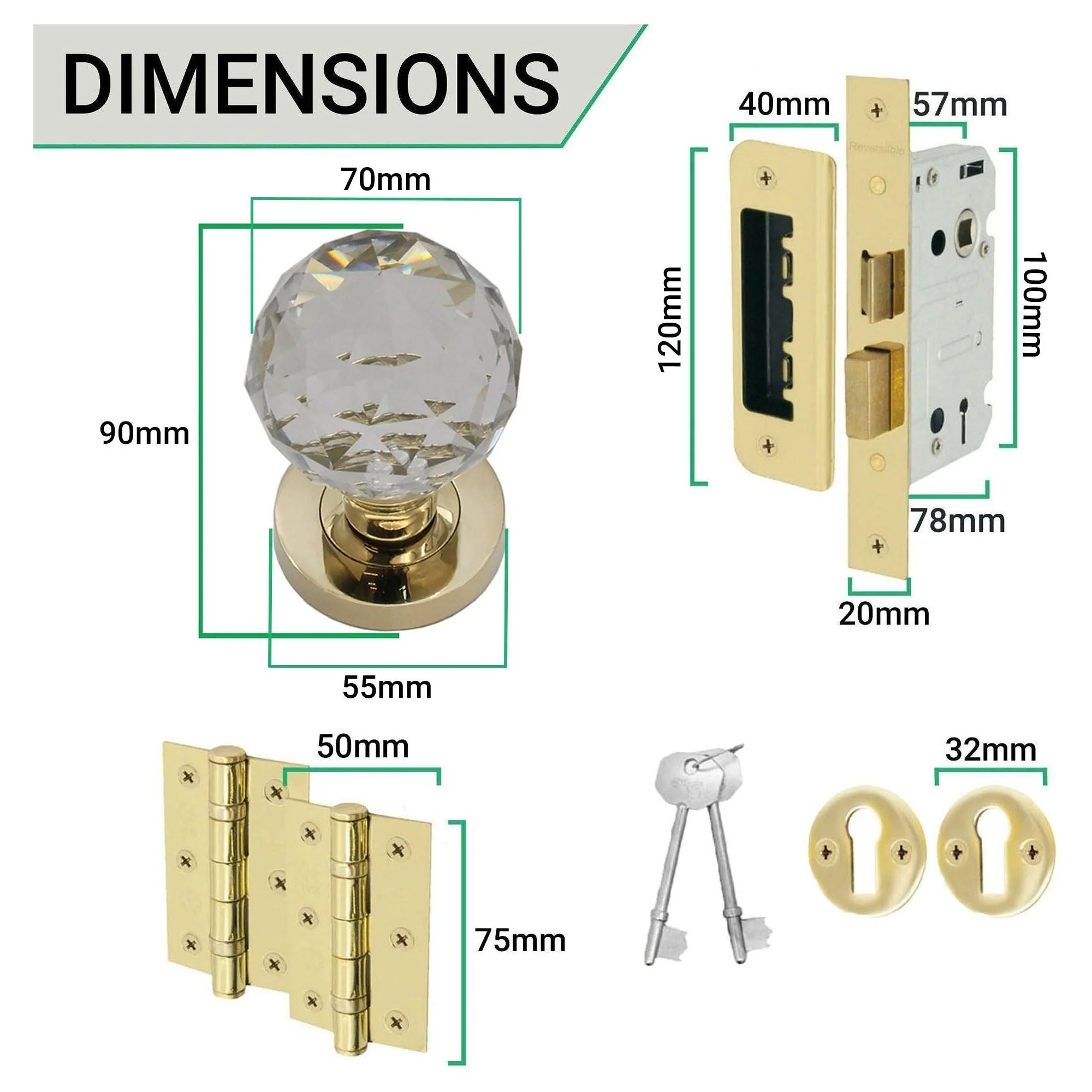 Glass and Polished Brass Mortice Door Knob Kit - 80mm Sashlock - Image 2
