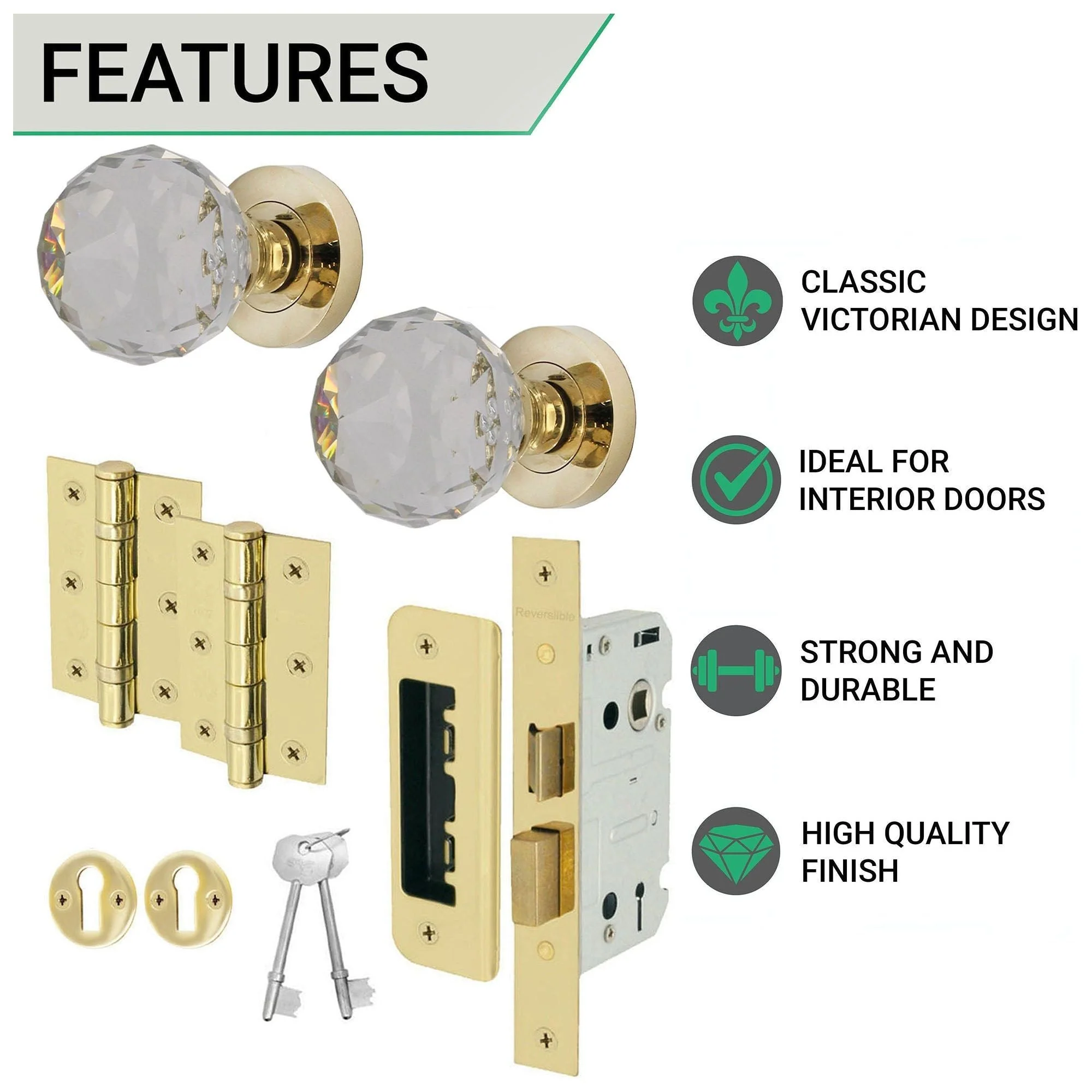 Glass and Polished Brass Mortice Door Knob Kit - 80mm Sashlock - Image 3