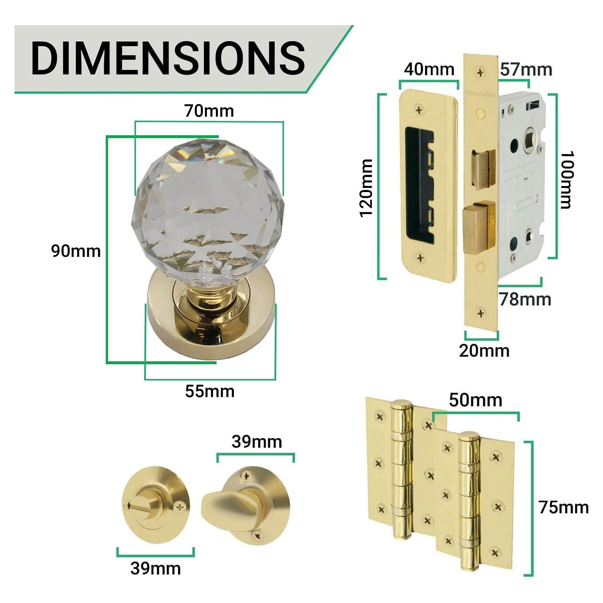 Glass and Polished Brass Mortice Door Knob Kit - 80mm Bathroom Lock - Image 2
