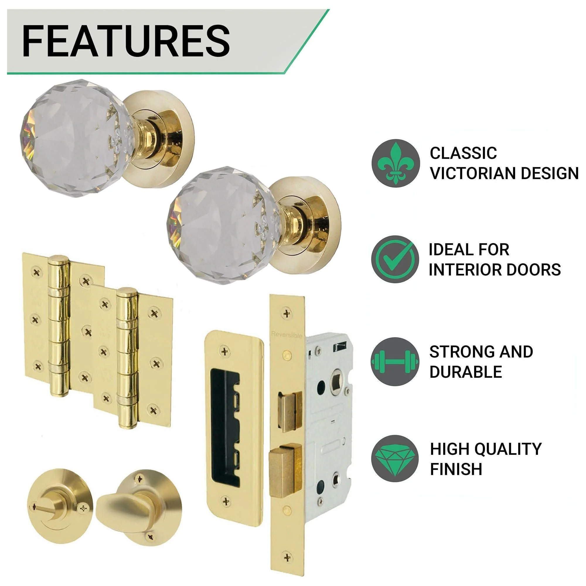 Glass and Polished Brass Mortice Door Knob Kit - 80mm Bathroom Lock - Image 3