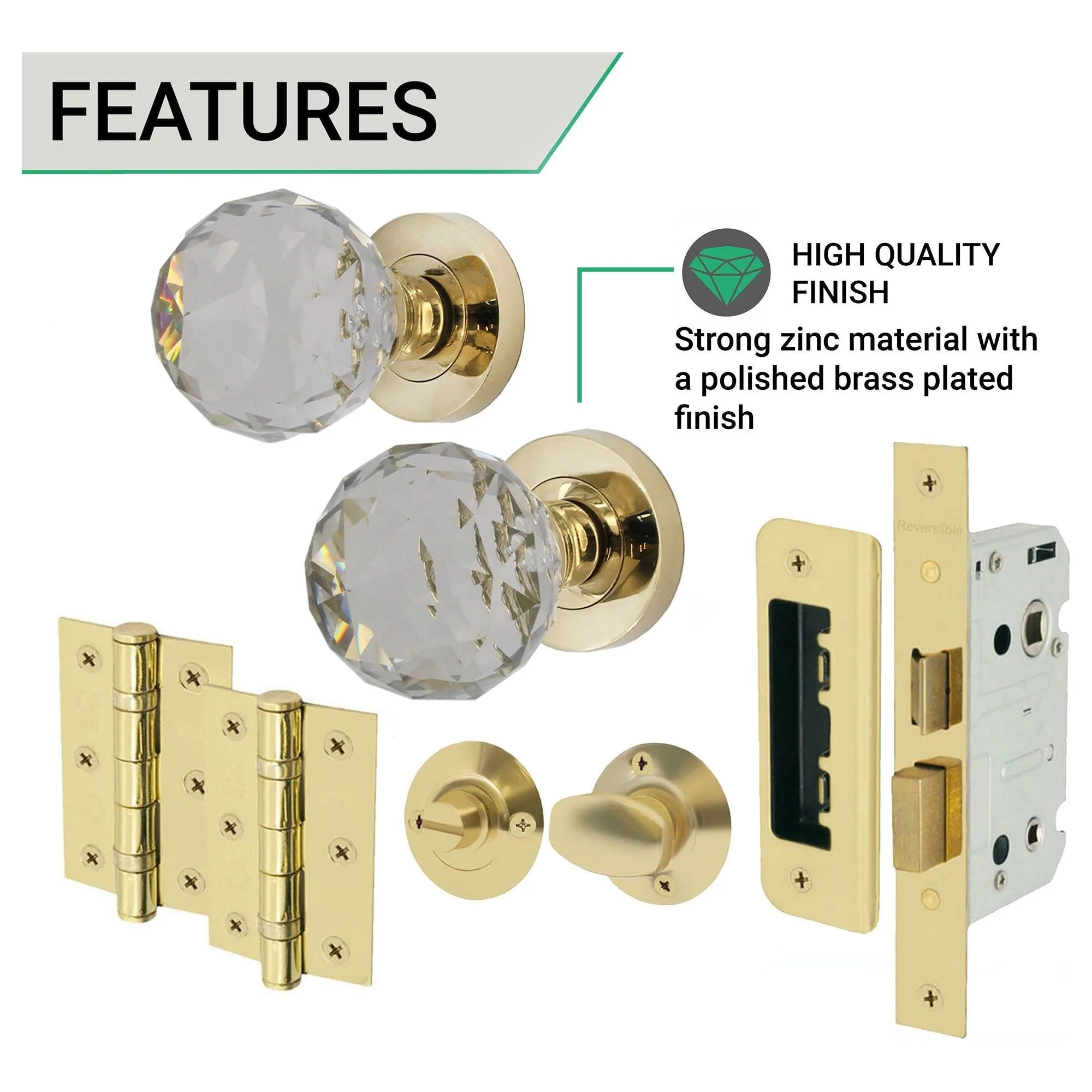 Glass and Polished Brass Mortice Door Knob Kit - 80mm Bathroom Lock - Image 4