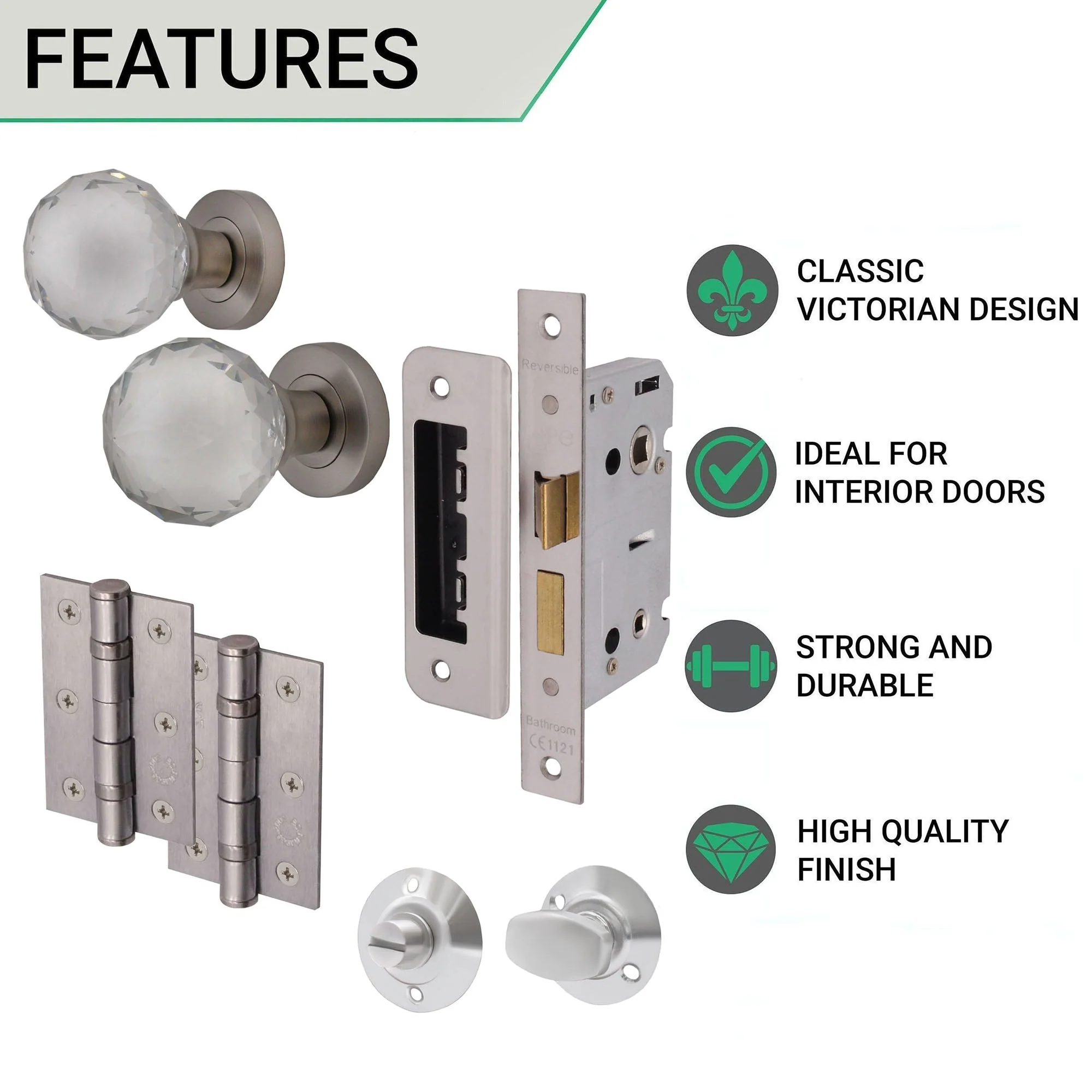 Glass Door Knob Bathroom Pack – 76mm Hinges / 80mm Lock - Satin Nickel - Image 3