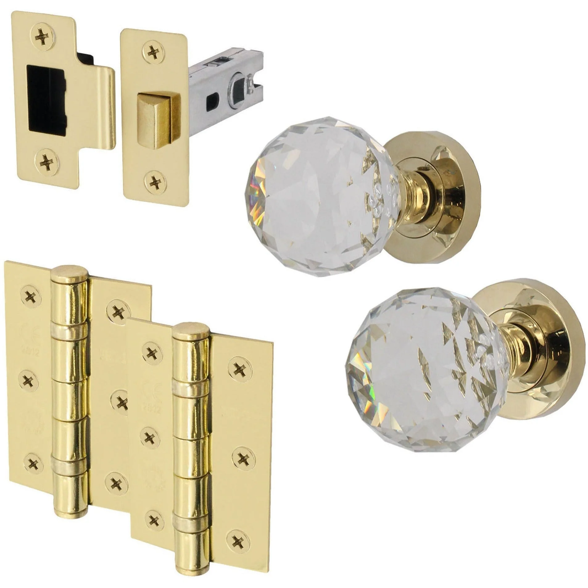 Glass and Polished Brass Mortice Door Knob Kit - 76mm Latch