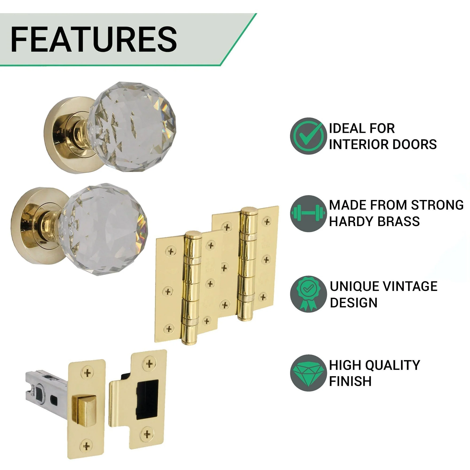 Glass and Polished Brass Mortice Door Knob Kit - 76mm Latch - Image 3