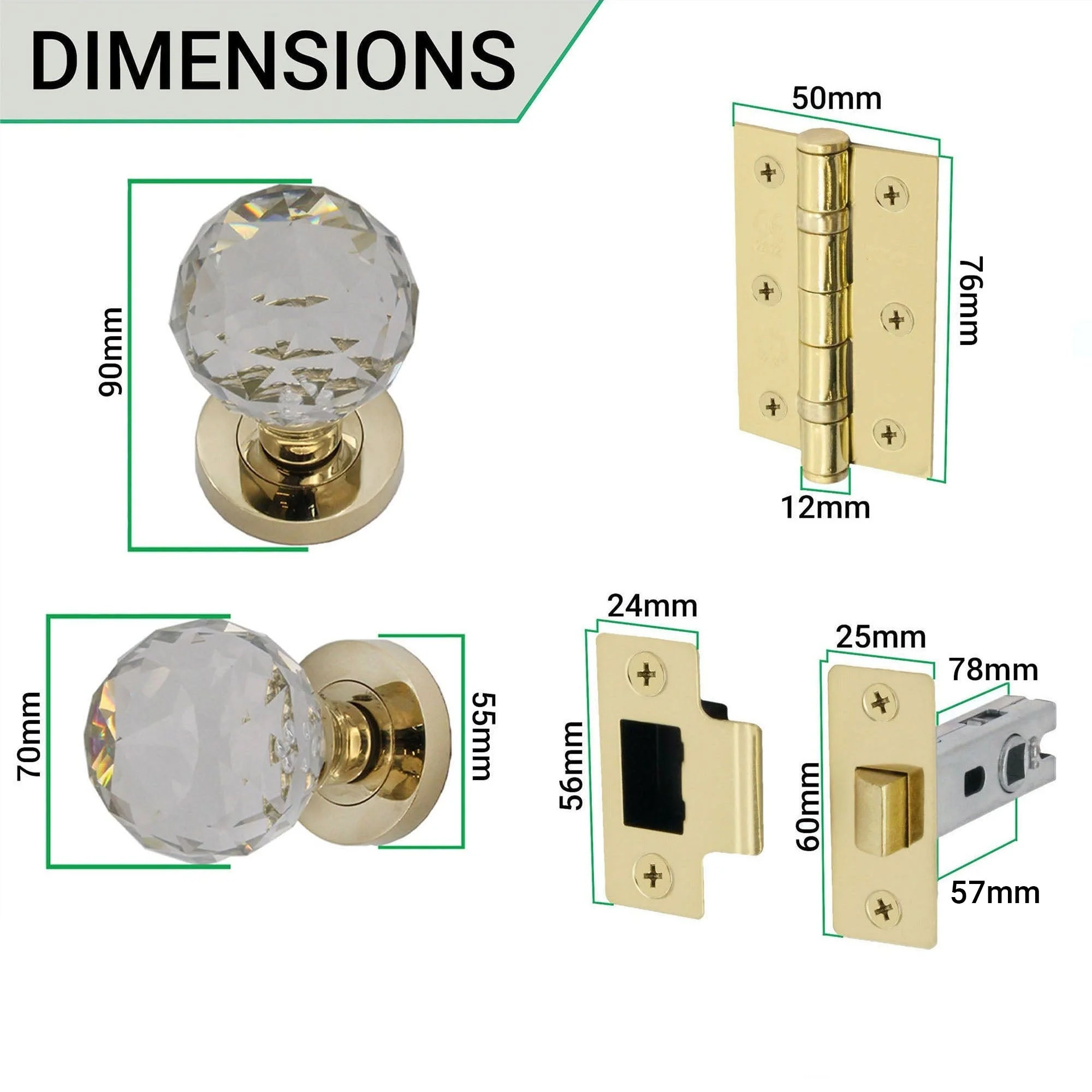 Glass and Polished Brass Mortice Door Knob Kit - 76mm Latch - Image 4