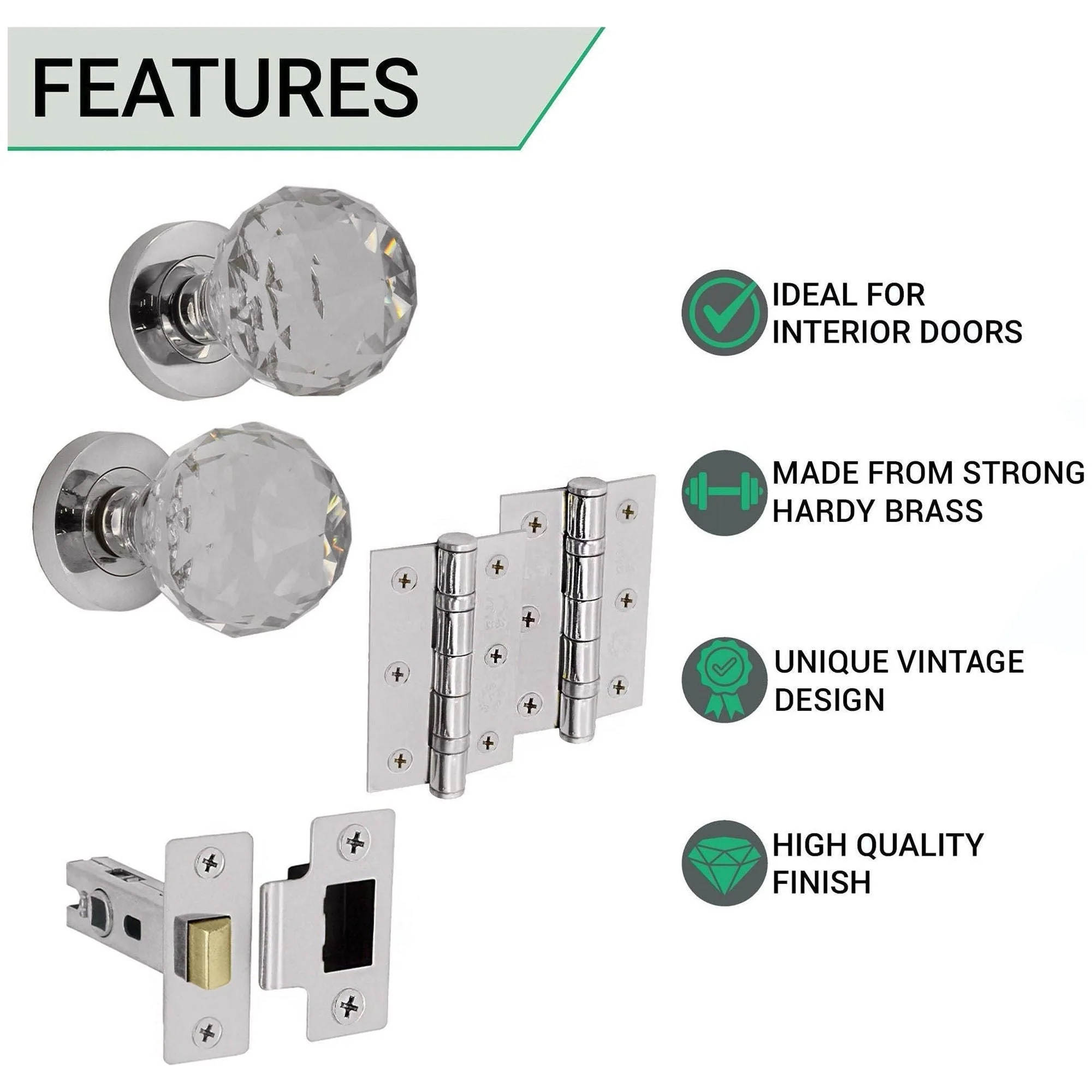 Glass and Polished Chrome Mortice Door Knob Kit - 76mm Latch - Image 2
