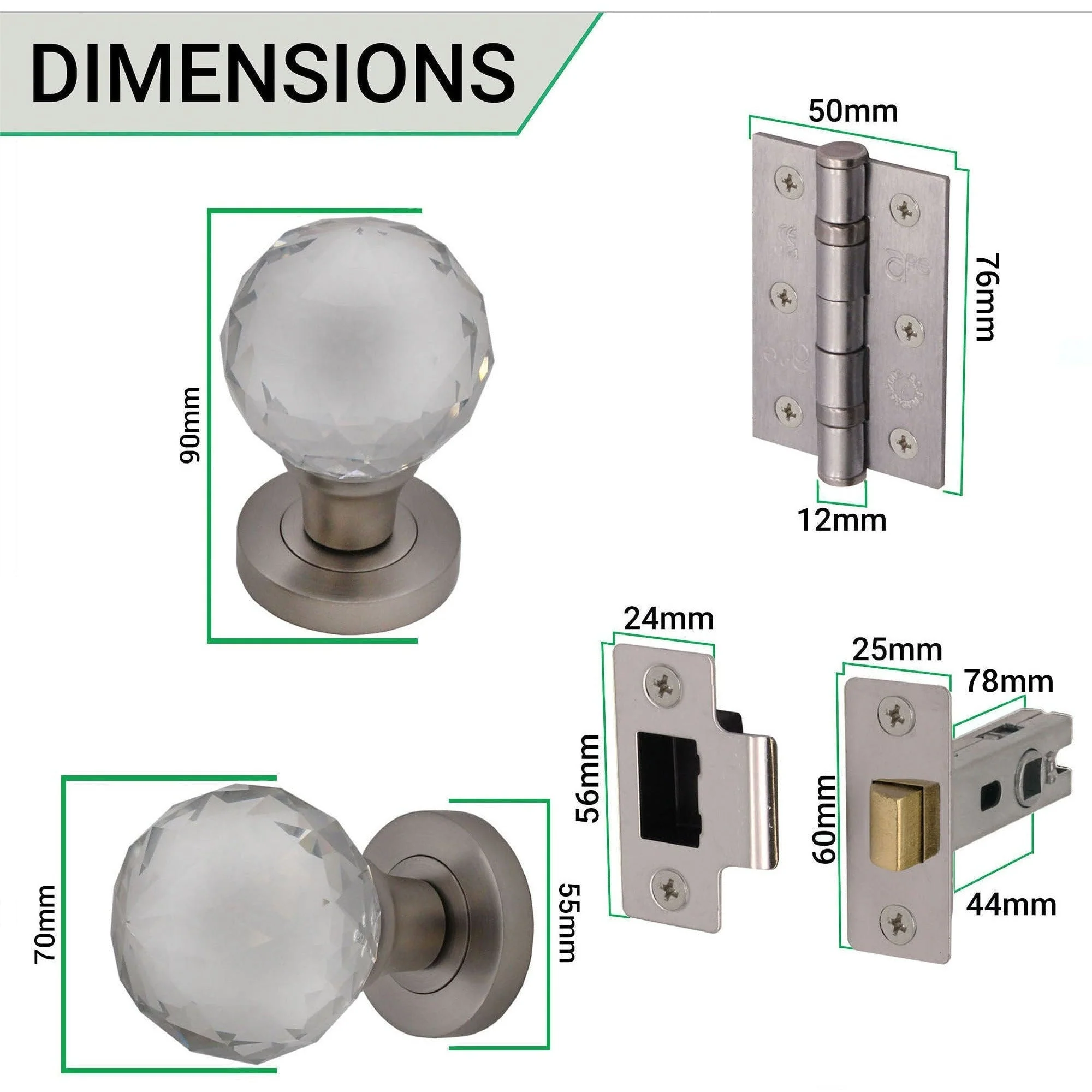 Glass and Satin Nickel Mortice Door Knob Kit - 76mm Latch - Image 3