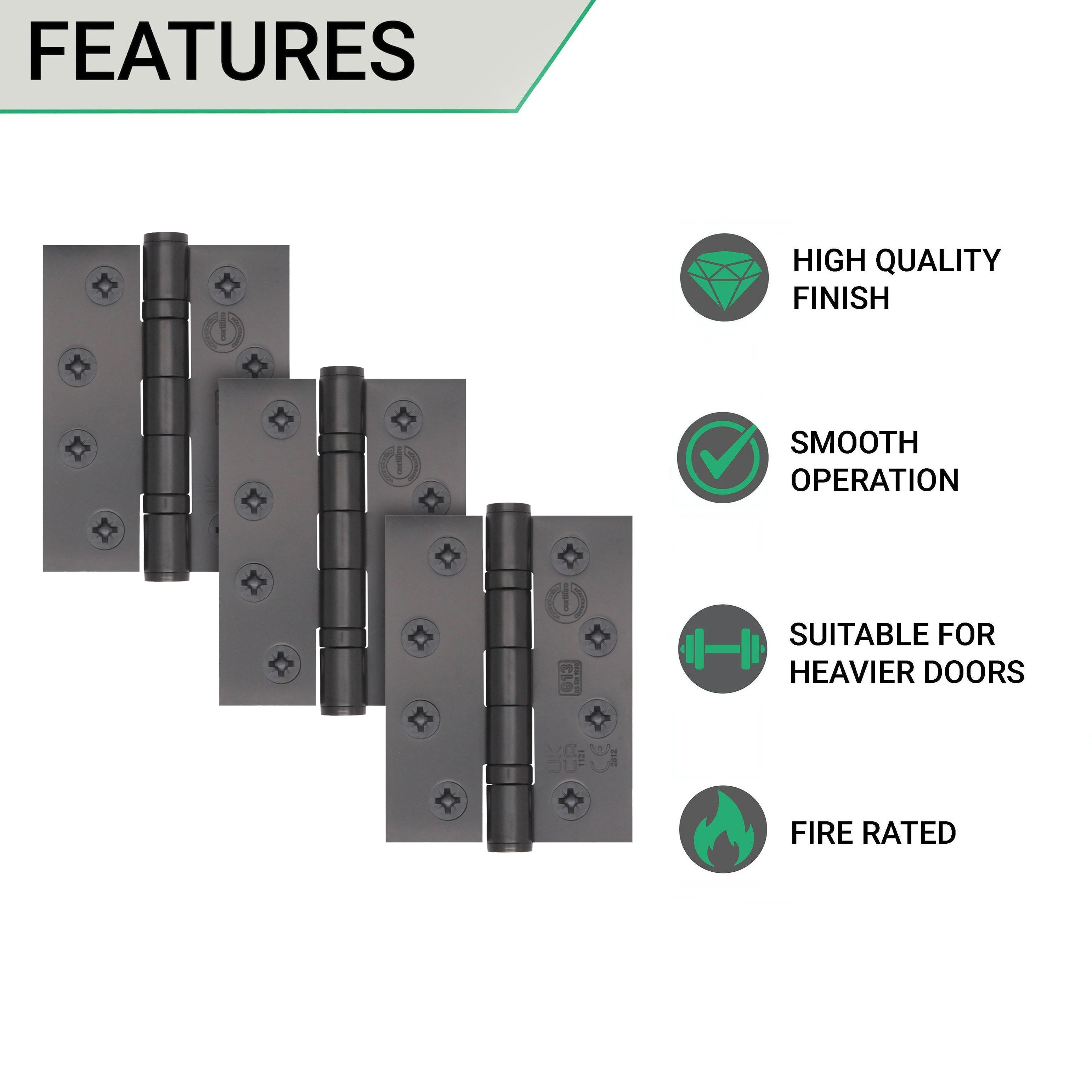 Black Fire Door Hinges - 4 Inch/102mm - Grade 13 Steel Ball Bearing - Pack 3 - Image 5