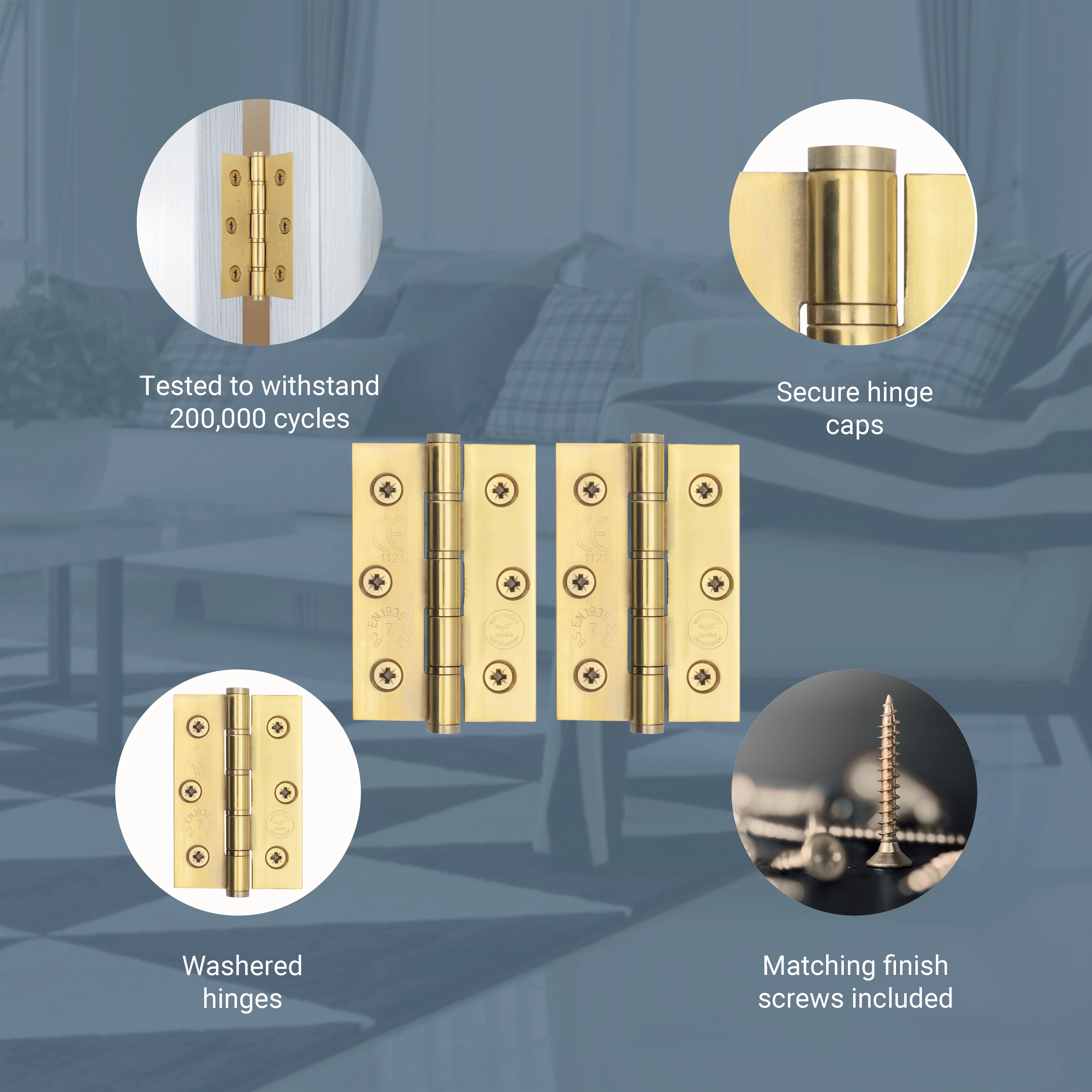 Door Hinges Grade 7 Stainless Steel Washered - 76x51x2mm - PVD Brass - Image 3
