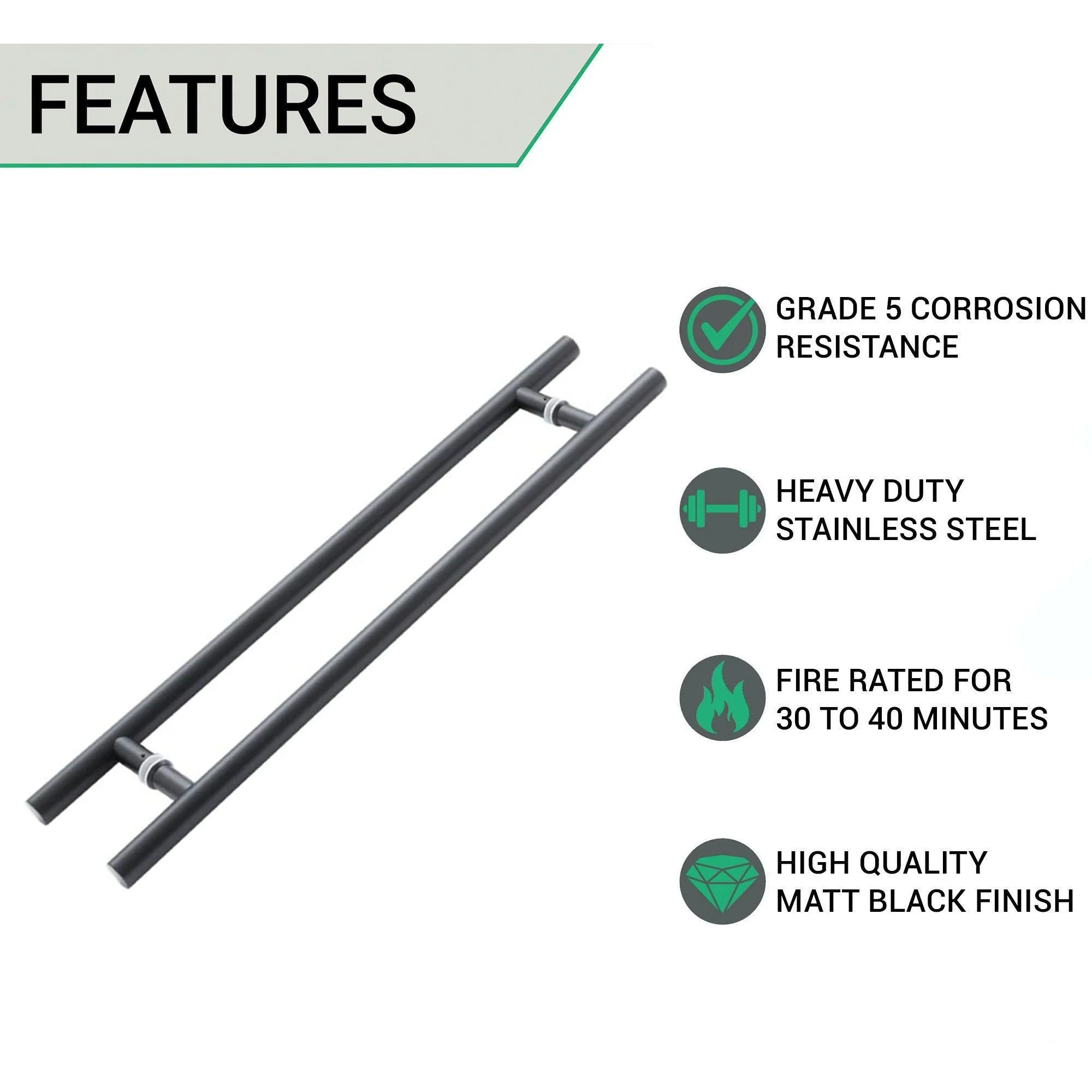 Guardsman Entrance Pull Handles - Back To Back Fix - 800 x 32mm 600mm c/c - Matt Black - Image 4