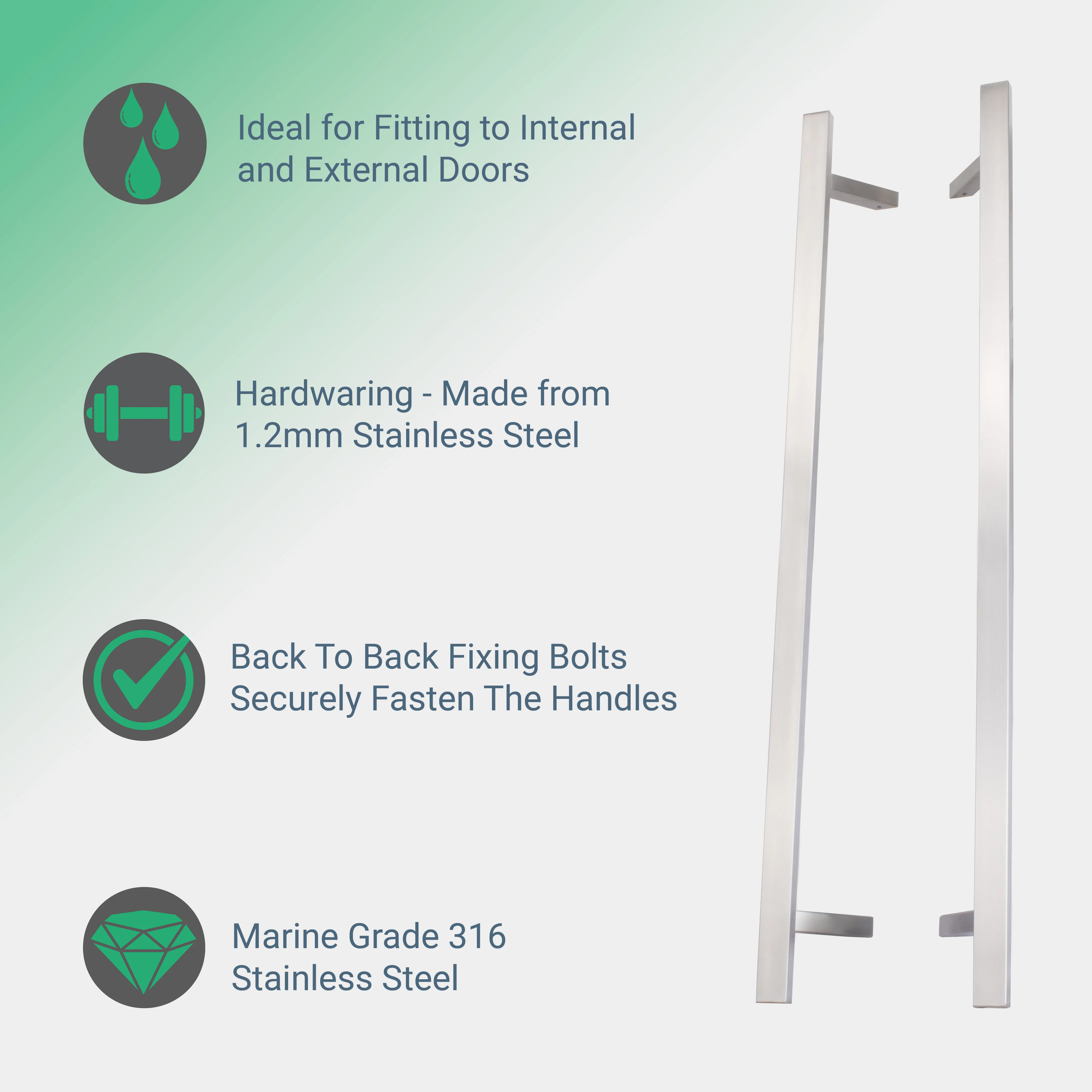 Guardsman Entrance Offset Pull Handles Flat Bar - Back to Back Fix - 1200 x 32mm 1000mm c/c - Satin Stainless Steel - Image 2