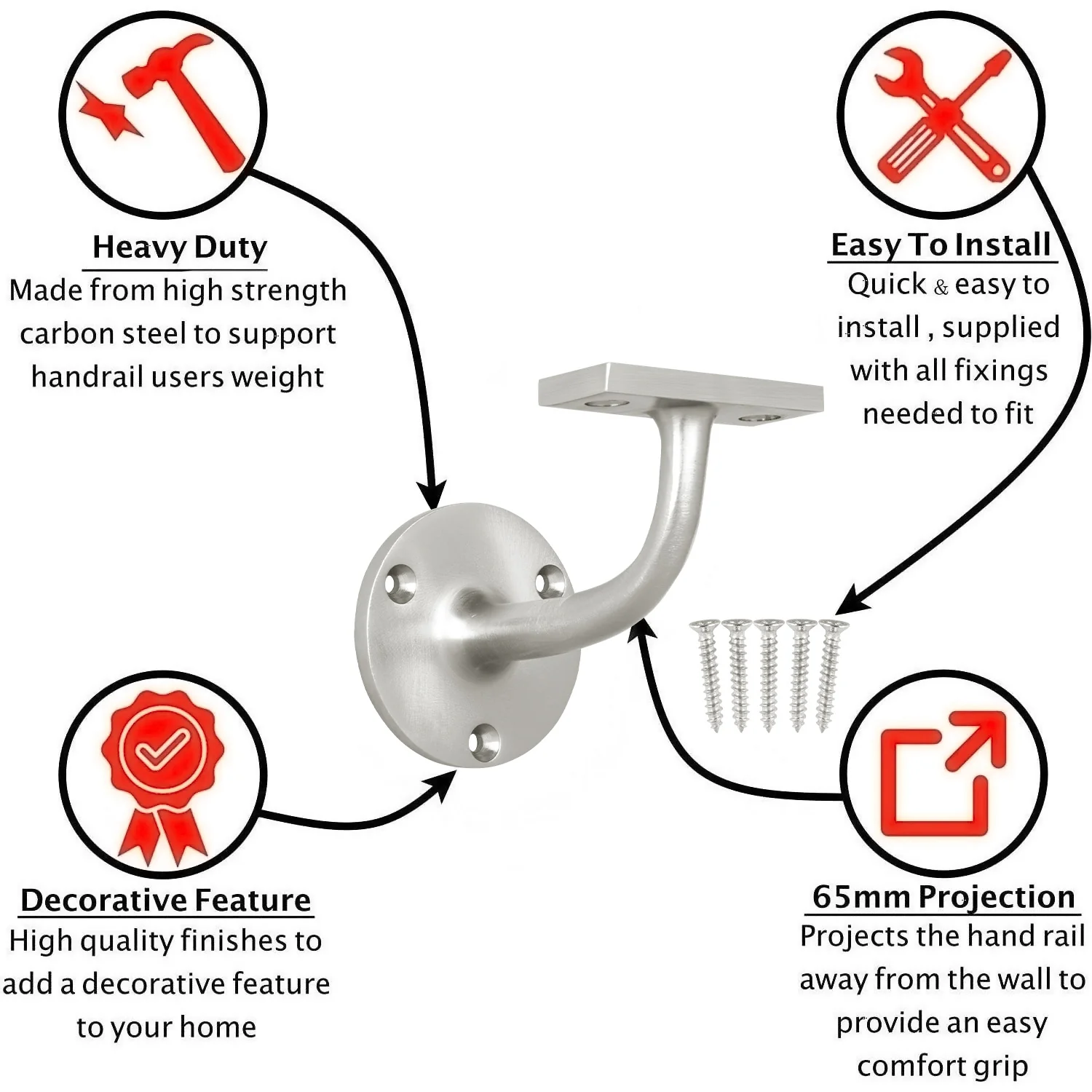 Handrail Bracket Heavy Pattern - 63mm / 2.5 Inch - Satin Nickel Plated - Image 3